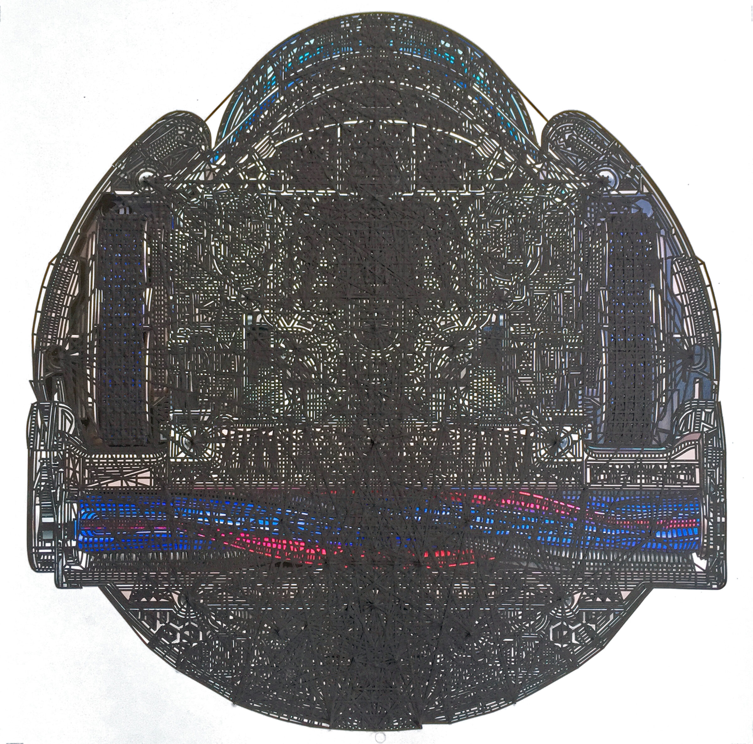 A detailed architectural cross-section of a spherical robotic vacuum rendered in black ink with blue and red tape highlighting interior mechanical components and pathways. The composition presents a symmetrical, dome-shaped structure with intricate line work throughout, revealing layers of circuitry, channels, and mechanical systems in a technical blueprint style.