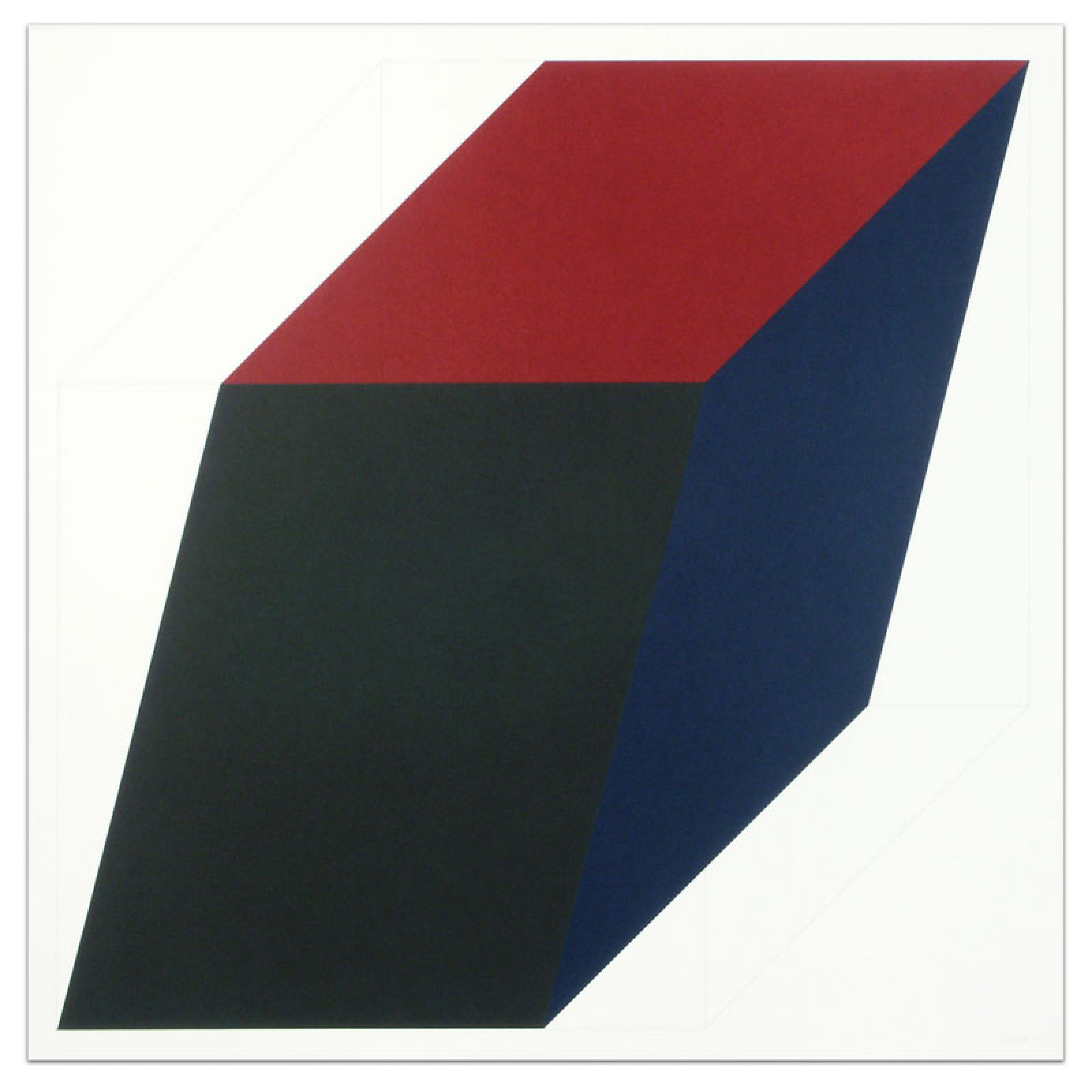 A geometric composition featuring a three-dimensional parallelogram divided into three colored planes: deep red on top, dark forest green on the lower left, and deep navy blue on the right, set against a white background.