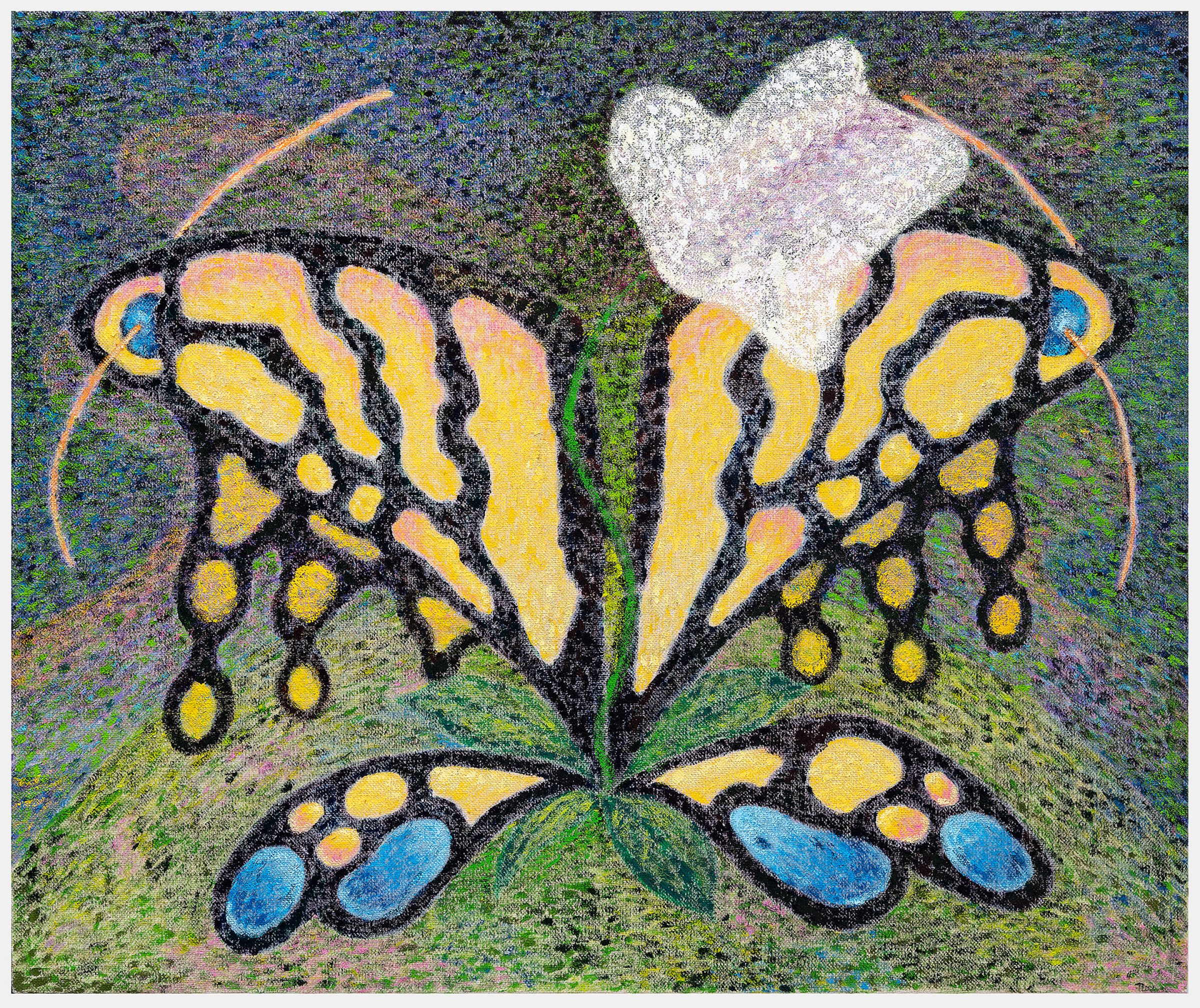 A stylized butterfly rendered in bold black outlines with yellow and blue wing markings against a textured green and multicolored background. The composition features symmetrical wings with organic, flowing patterns and circular spots, topped with a white and lavender form suggesting the butterfly's head.