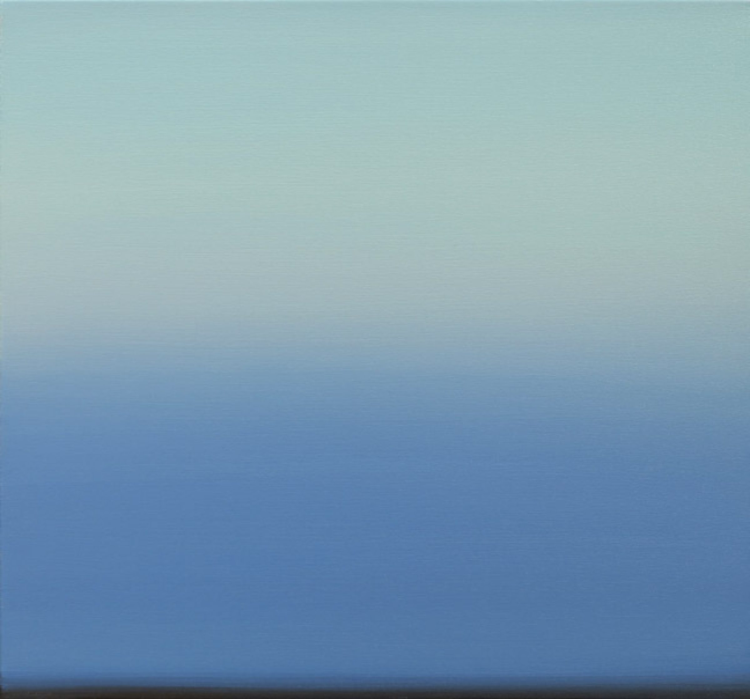 A minimalist composition featuring a horizontal gradient that transitions from pale gray-green at the top through soft blue tones to deeper blue at the bottom, with a dark horizontal line across the lower edge.