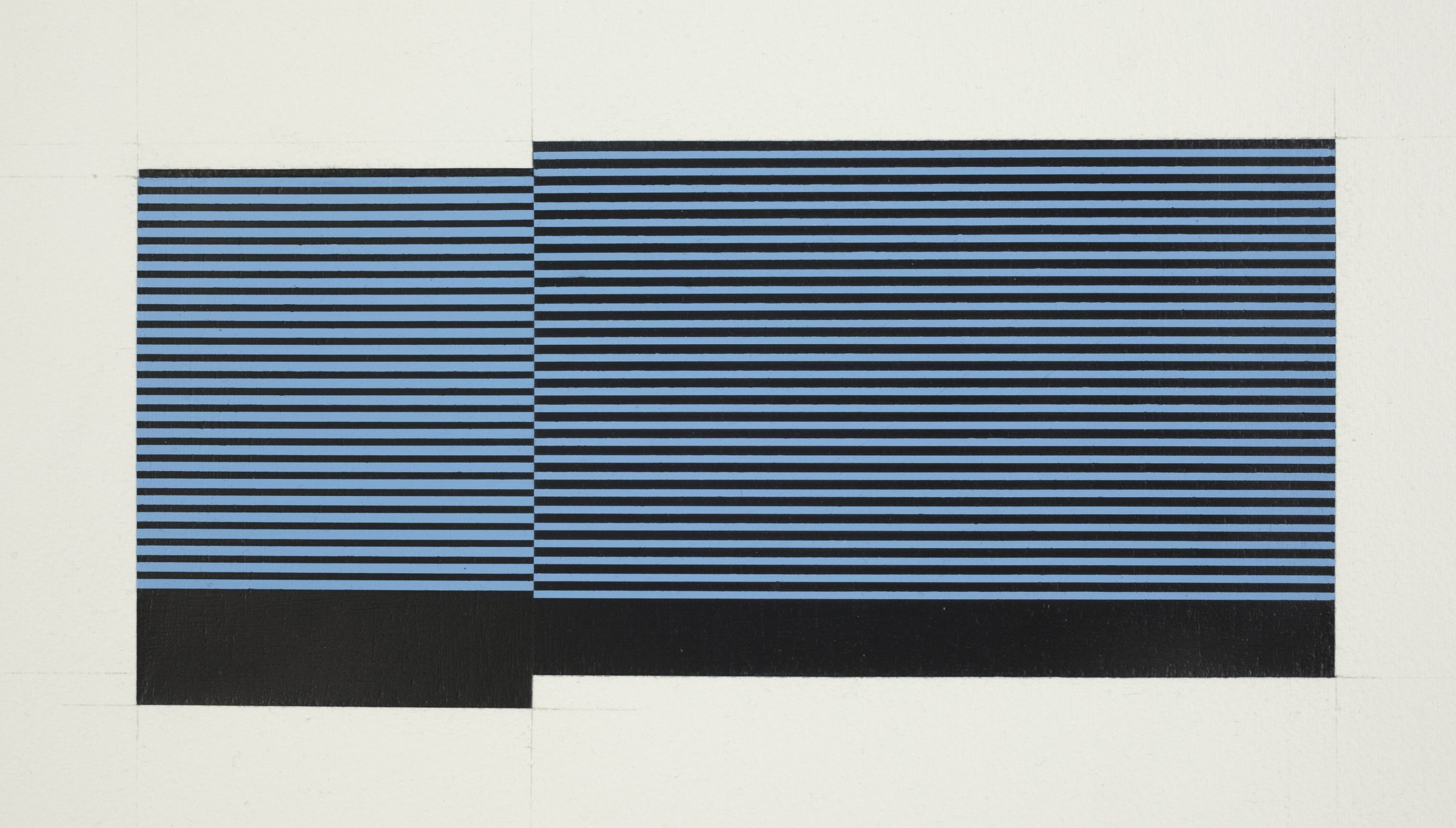 Horizontal composition of alternating thin black and light blue stripes divided into two sections, with the right section slightly wider than the left. A solid black band runs across the bottom third of the work, disrupting the striped pattern above.
