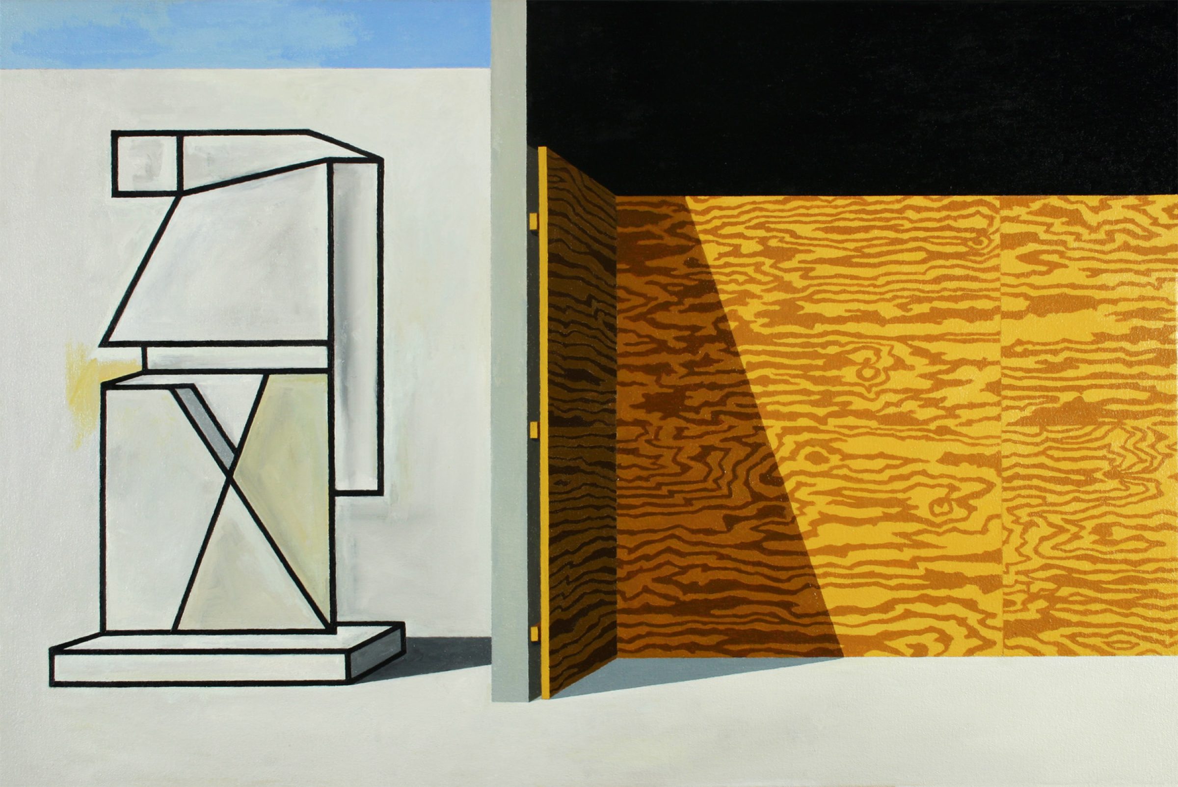 A split composition contrasting geometric abstraction with spatial illusion: on the left, a minimalist line drawing of a simplified chair rendered in black ink on pale ground; on the right, a three-dimensional interior corner with wood-grain textured walls in golden and warm brown tones beneath a black ceiling, creating the illusion of receding space.