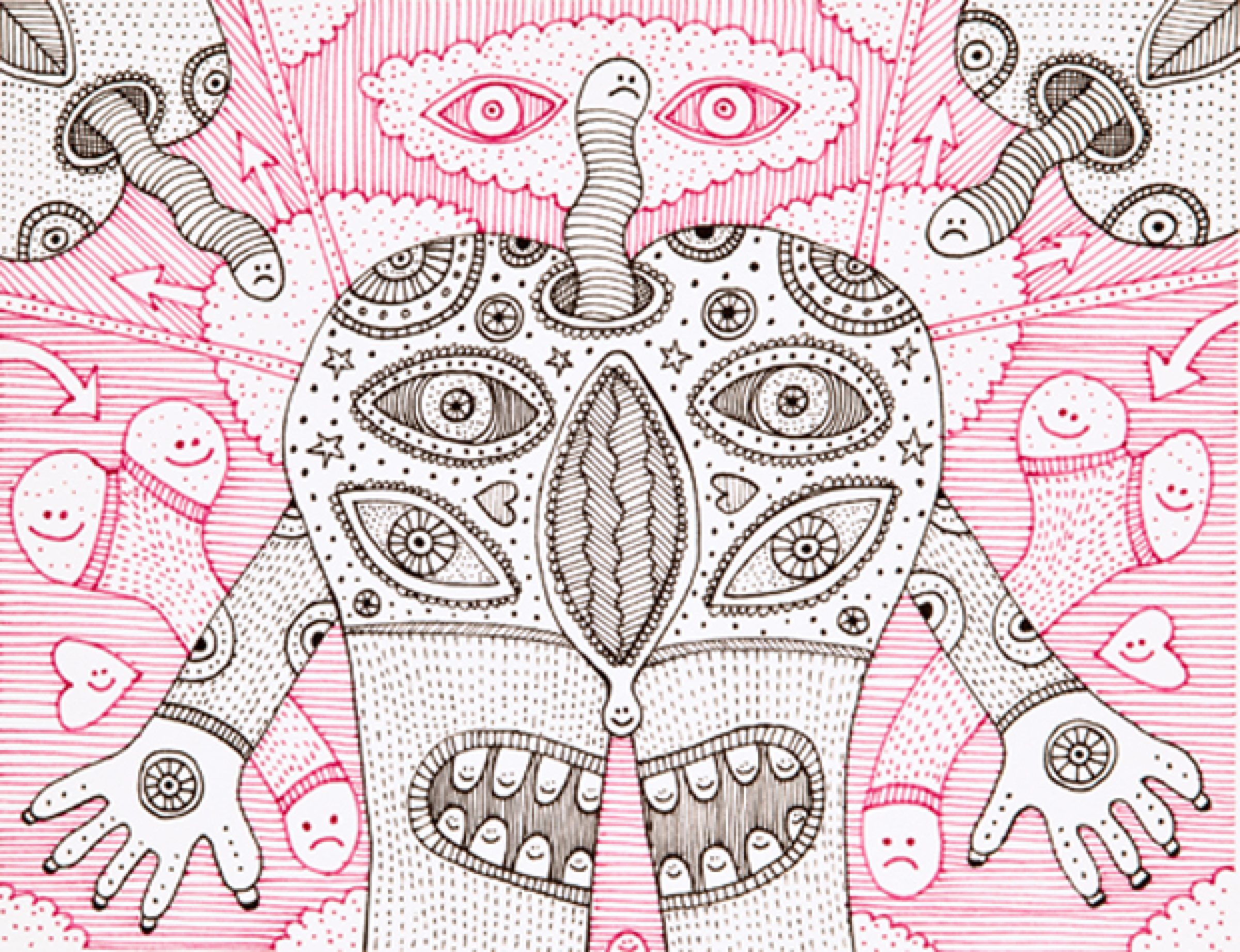 Intricate black ink drawing on white paper with pink accents, featuring a symmetrical skull-like face with elaborate decorative patterns, multiple eyes, and ornamental details. Surrounding the central figure are whimsical elements including smiling faces, hands, and radiating lines in a psychedelic, surrealist style.