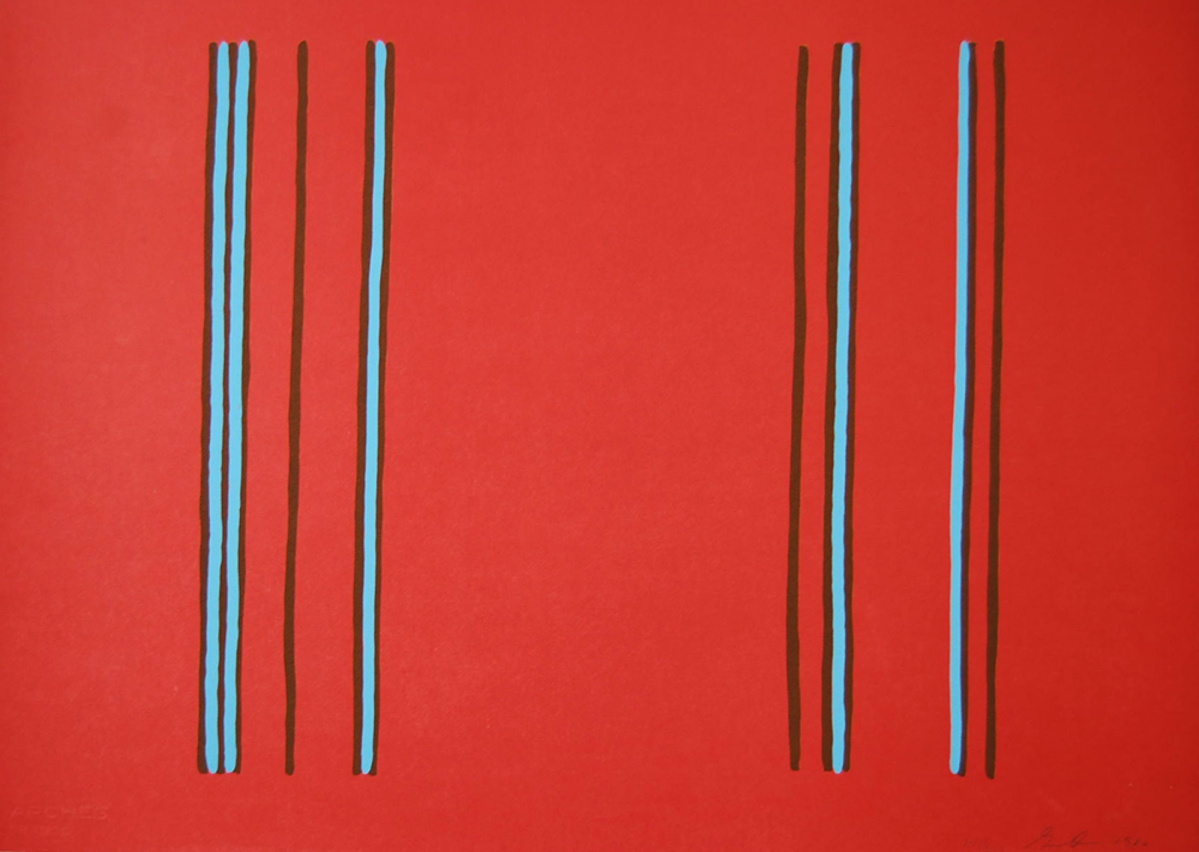 Vertical stripes in turquoise and dark brown arranged in two groups against a bright red background, creating a rhythmic, minimalist composition with clean geometric forms.