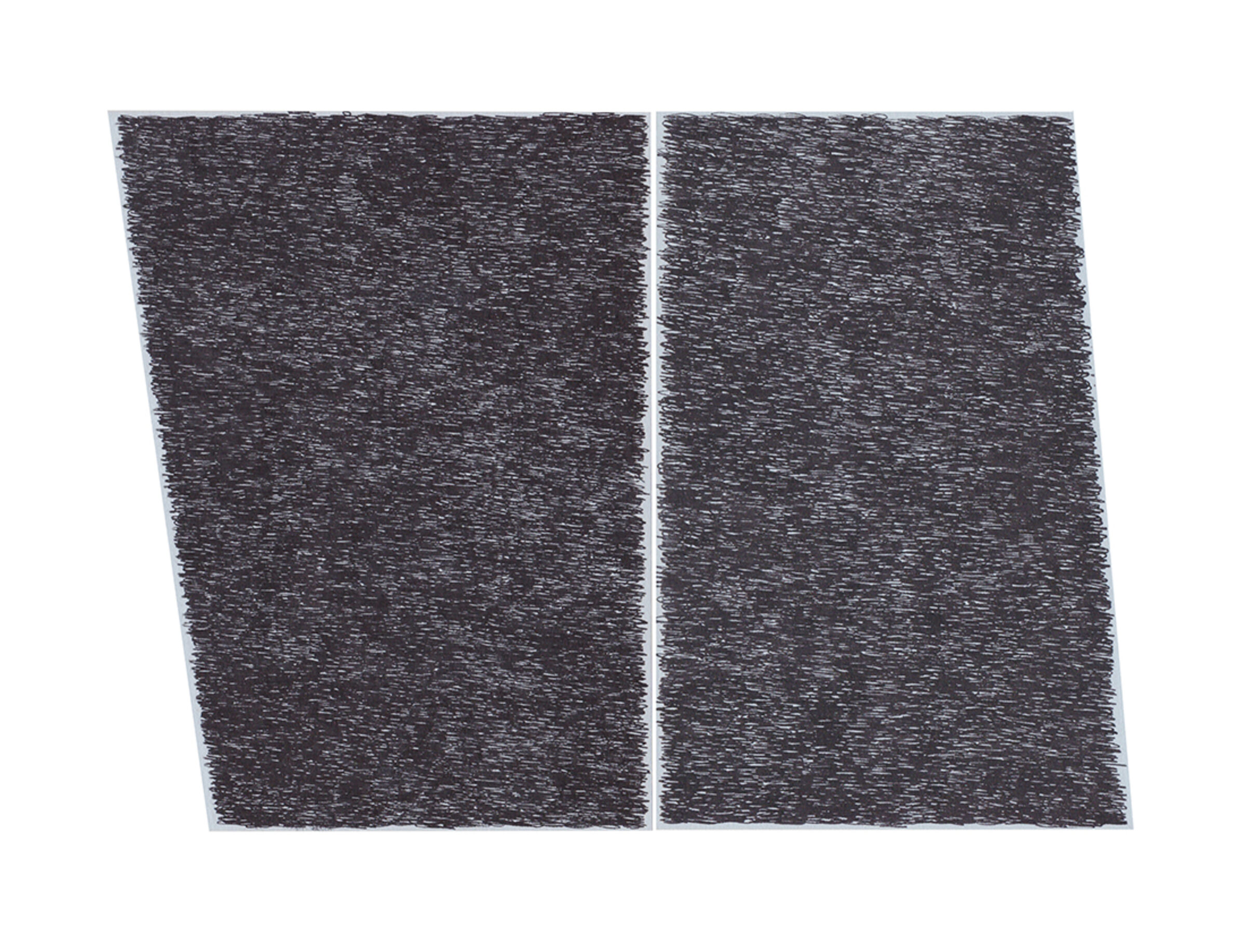 Two rectangular panels with textured surfaces created by dense, horizontal linear marks in black ink on paper, positioned side by side with a thin gap between them. The panels lean slightly inward, creating a subtle trapezoidal form.