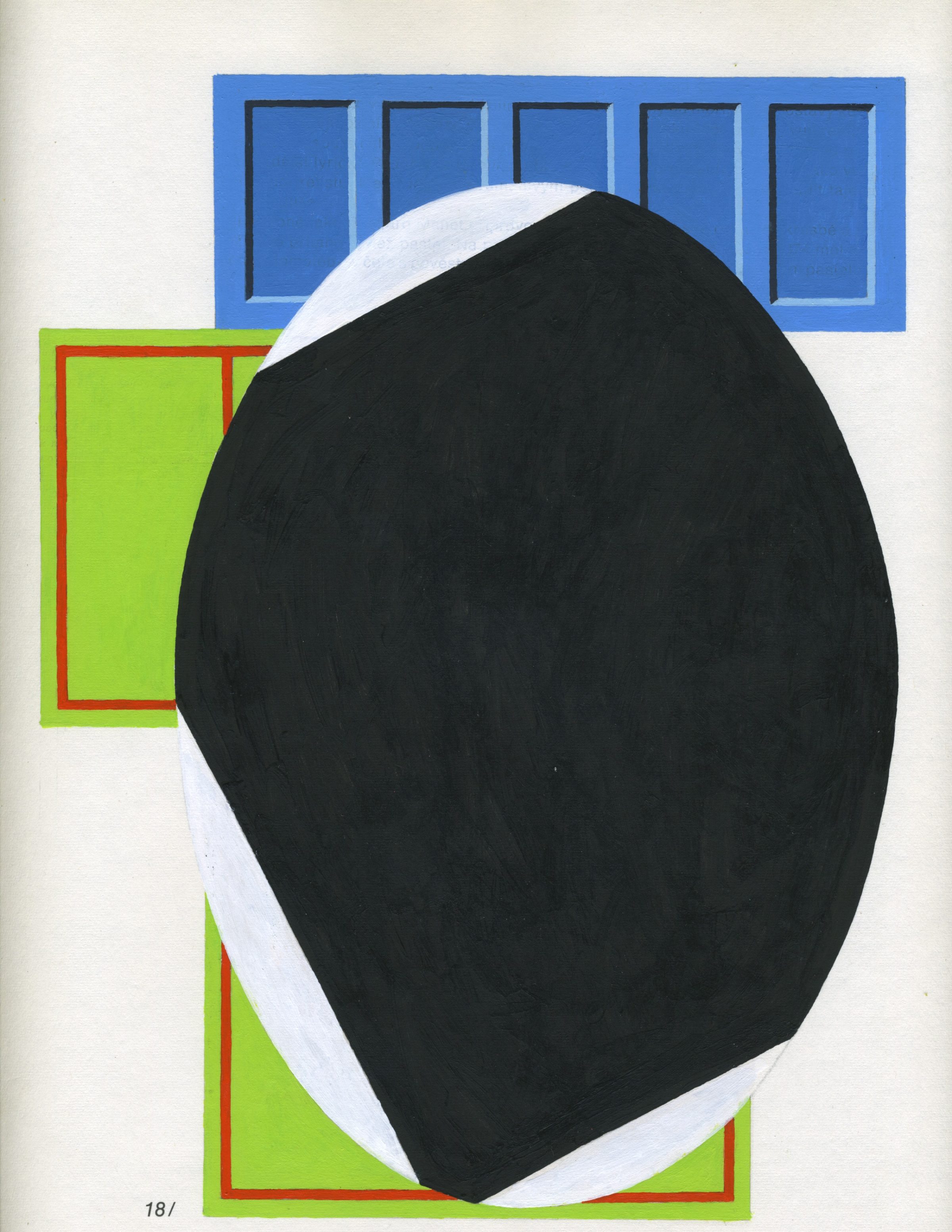 A large black oval form with white highlights occupies the center of the composition, set against a cream background. Behind it, geometric rectangular shapes in bright lime green and blue with red outlines create a layered, architectural backdrop.