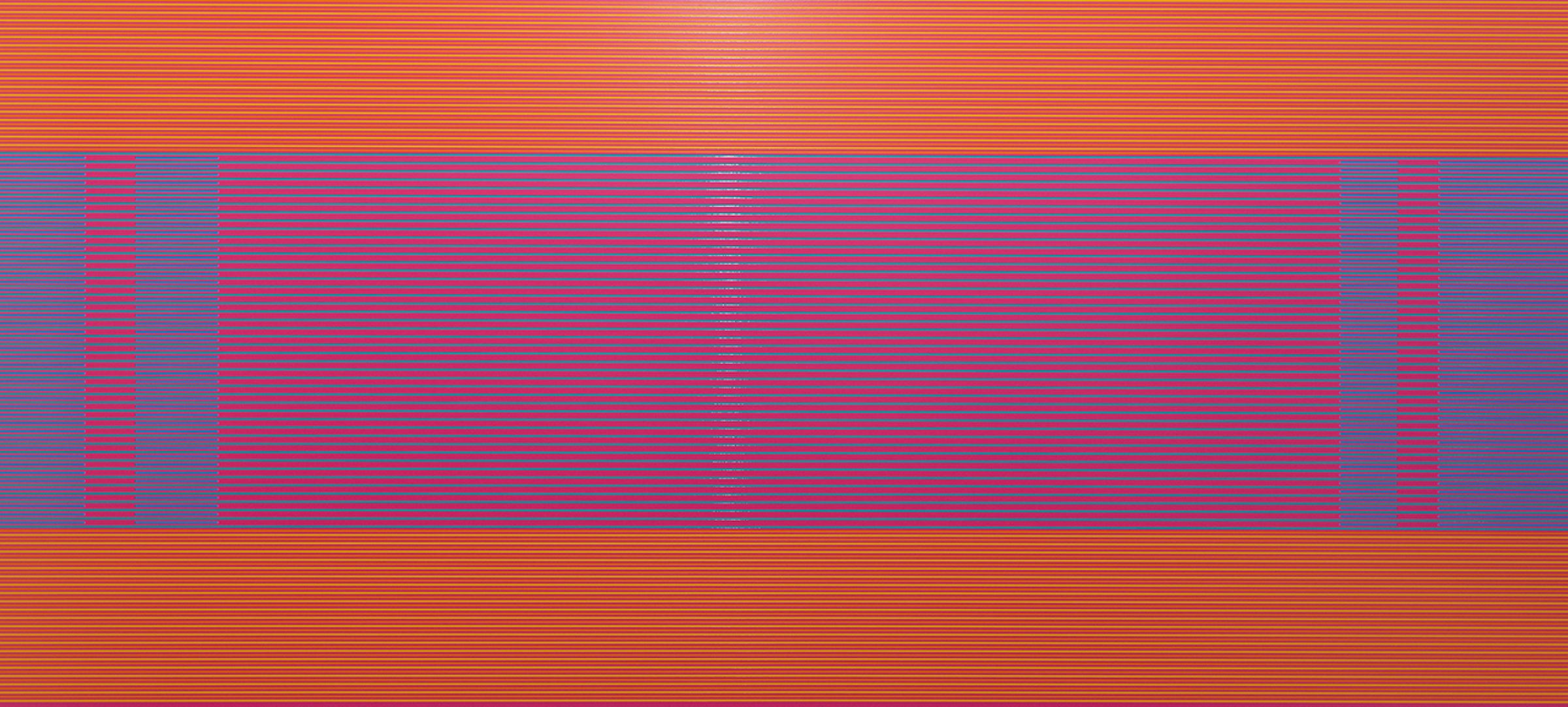 Horizontal composition of vibrant horizontal stripes in red, orange, yellow, and blue, with a central rectangular area featuring layered red and blue bands creating a sense of depth and movement against the warmer striped background.