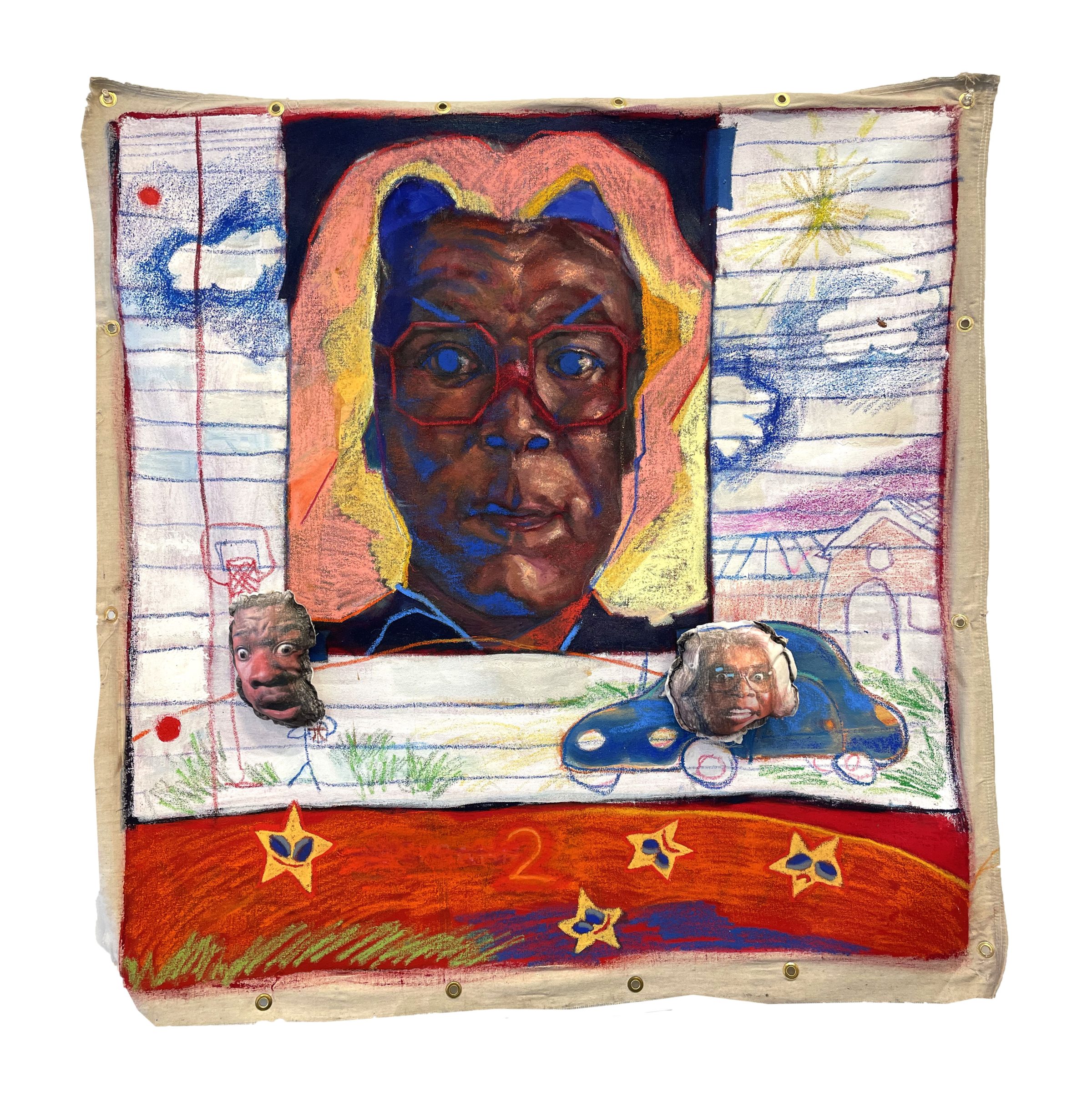 A mixed-media canvas features a bold portrait of a face with deep brown tones and striking blue eyes, surrounded by a coral-pink and yellow halo. The composition combines gestural drawings and sketches on lined paper in the background, with two three-dimensional sculptural heads integrated into the lower sections. A vibrant red-orange band at the bottom displays gold stars and green marks. The work employs rich colors including deep blues, reds, and yellows across oil, shellac, and pastel materials on cotton canvas.