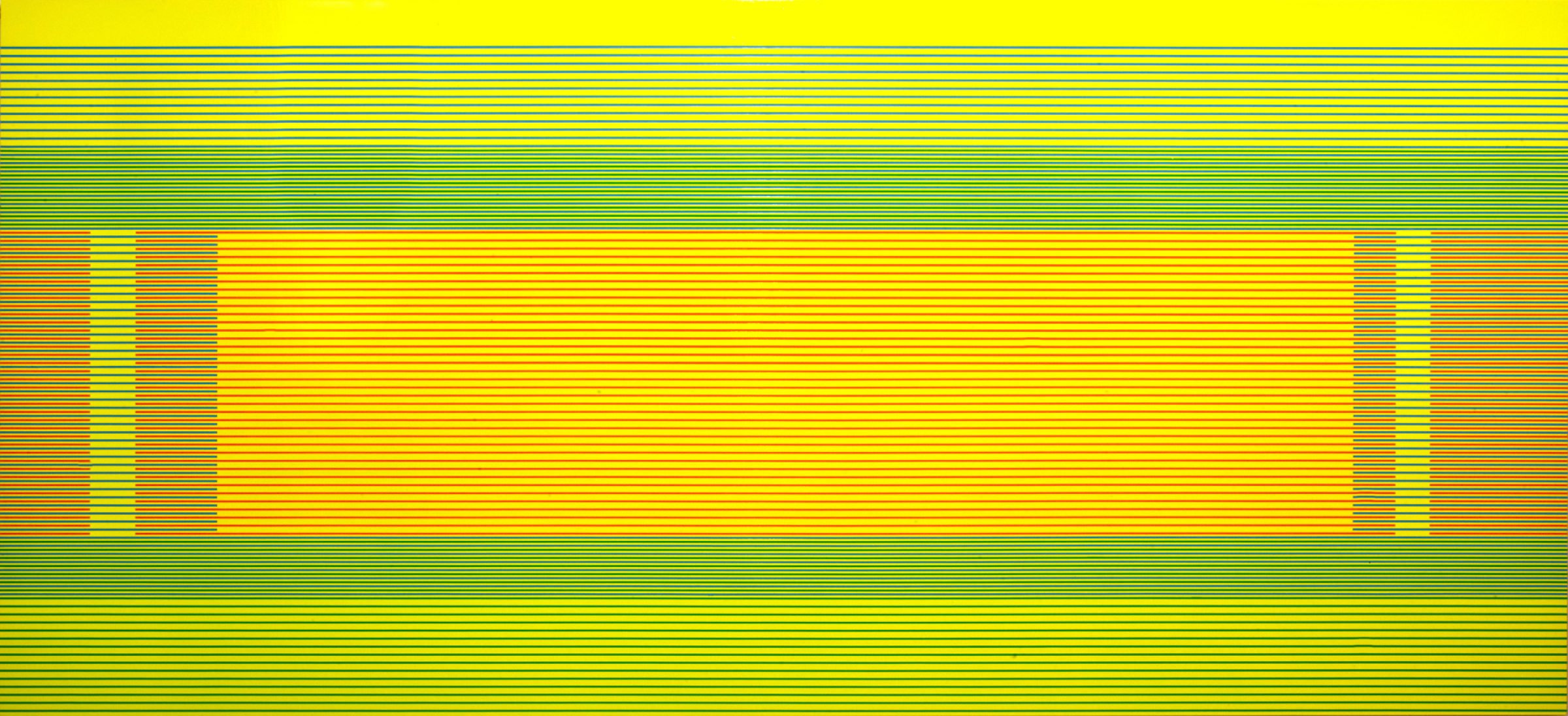 Horizontal composition with thin parallel lines in yellow-green and bright yellow creating a striped pattern throughout. A central rectangular band of pure yellow dominates the middle section, flanked by narrower vertical strips on either side, while the top and bottom portions transition through progressively darker green tones.
