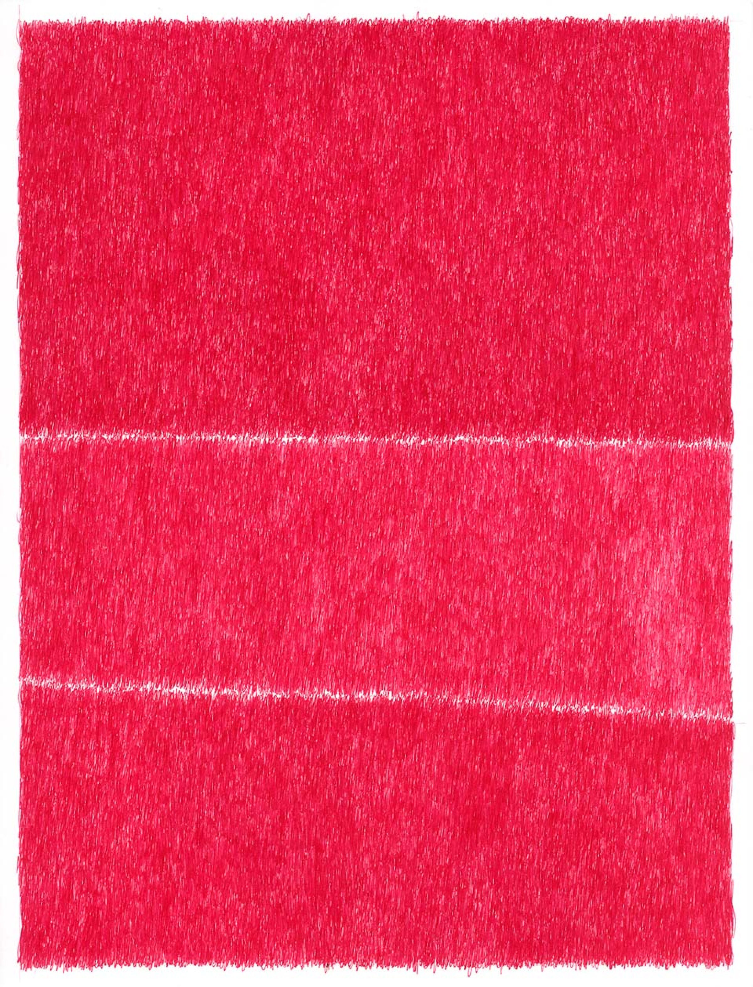A vibrant red textured surface divided horizontally by two thin white lines, creating three distinct sections. The composition fills the entire frame with dense, brushed marks in varying shades of red and pink, creating a sense of movement and depth across the work.