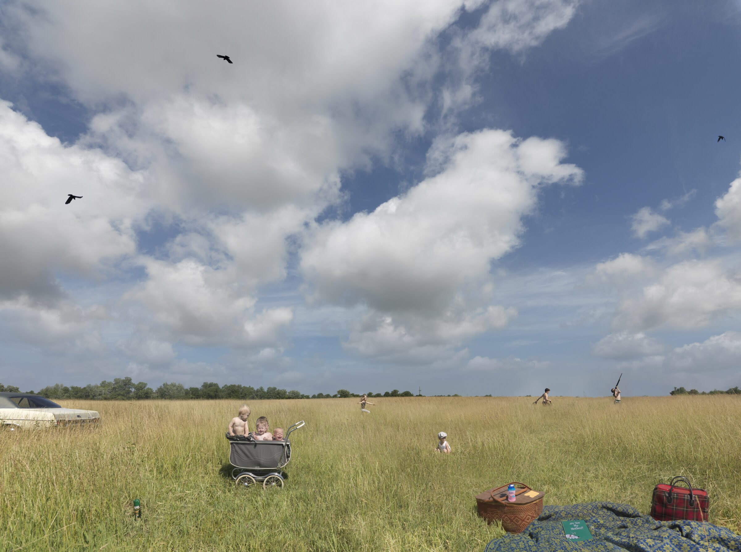 An expansive golden grassland under a blue sky dotted with white clouds. In the foreground, picnic supplies including a wicker basket and plaid blanket rest on the grass. An adult pushes a pram containing a child deeper into the field, while several other figures scatter across the meadow engaged in leisure activities. Birds fly overhead, and distant trees line the horizon.