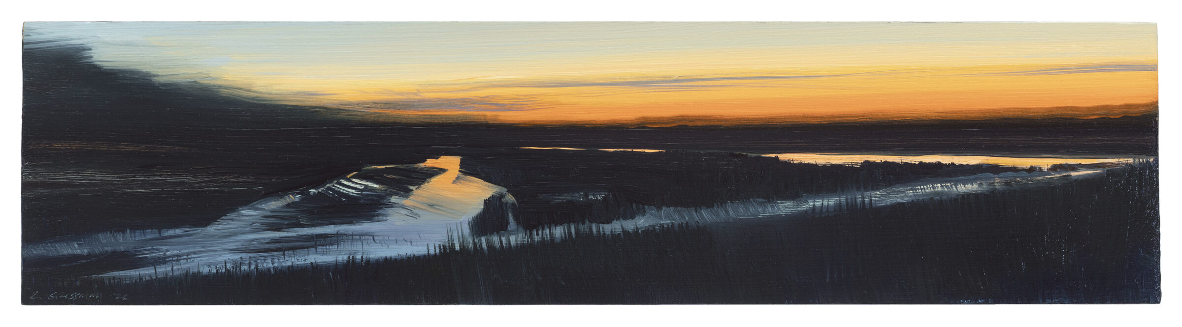 A panoramic landscape painting depicting a twilight scene over a vast forested valley with winding rivers catching golden-orange light from the setting sun. Dark evergreen forests frame the composition while patches of snow and water reflect the warm sky, creating a stark contrast between the illuminated waterways and the shadowed wilderness below.
