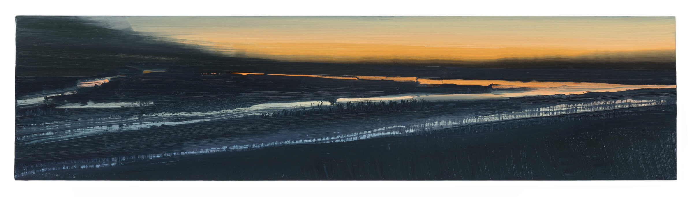 A horizontal landscape painting depicting a vast floodplain at dusk, with dark forested areas in the foreground and silvery water channels winding through the middle ground under a golden and amber sky. The composition uses predominantly deep blues and blacks in the lower portion, contrasting with warm orange and cream tones along the horizon, creating a moody atmospheric effect.