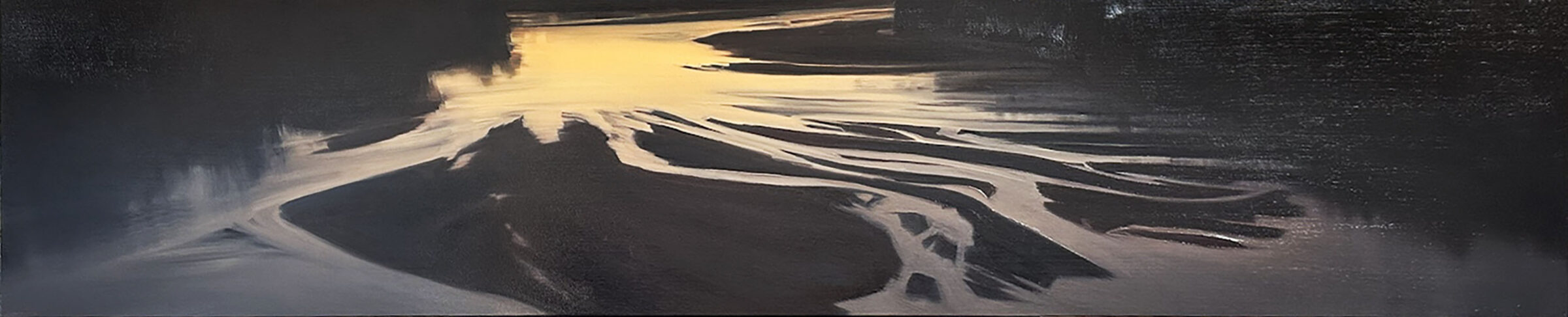 Abstract aerial view rendered in oil, depicting a landscape of dark landmasses and luminous waterways in cream and pale yellow tones. Sweeping gestural brushstrokes create dynamic movement across the composition, suggesting a bird's-eye perspective of a natural formation with flowing channels of light against shadowed terrain.