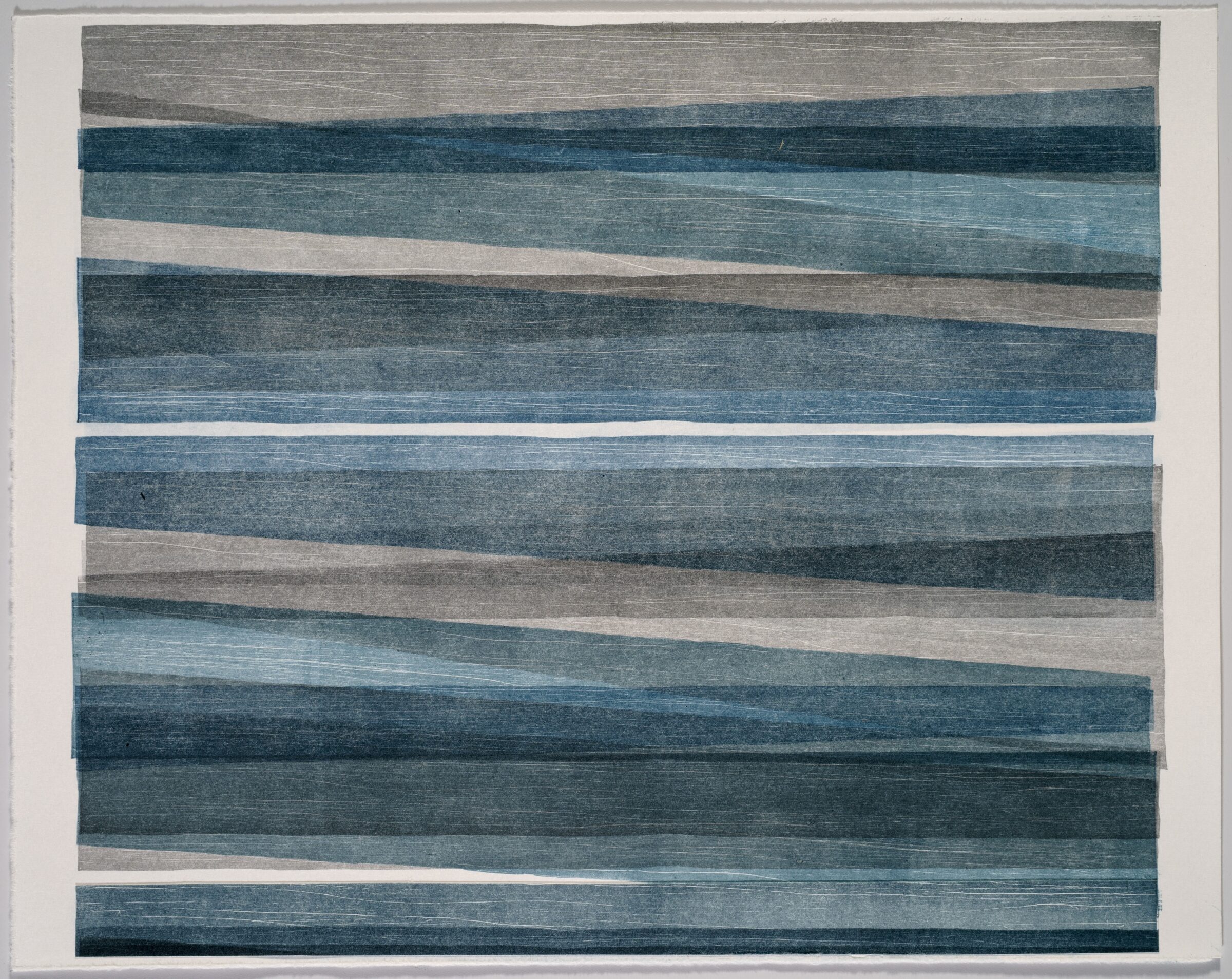 Horizontal bands of varying widths in shades of blue, teal, gray, and cream arranged in an abstract striped composition. The layered appearance and visible texture suggest a collage or print technique with subtle variations in tone and surface finish throughout.