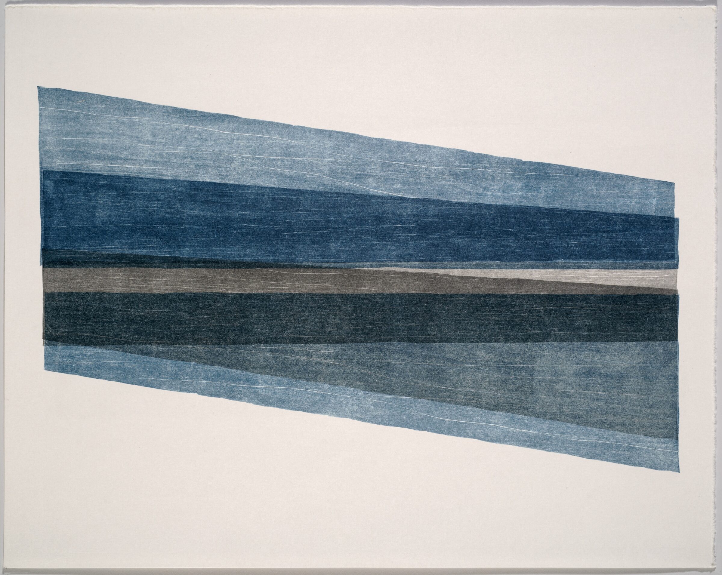 Horizontal abstract composition featuring six layered rectangular bands in varying shades of blue, grey, and charcoal, with visible wood grain texture throughout. The bands are slightly offset and angled, creating depth against a cream-colored background.