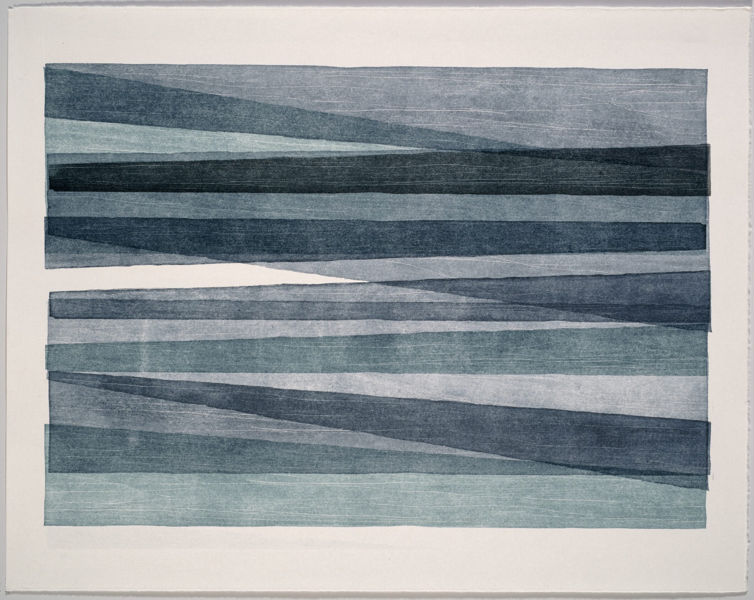Abstract composition of horizontal bands in varying shades of blue and grey, with subtle diagonal movements creating a sense of depth and layering. The textured surface suggests printmaking techniques, with organic variations in tone across the overlapping strips.