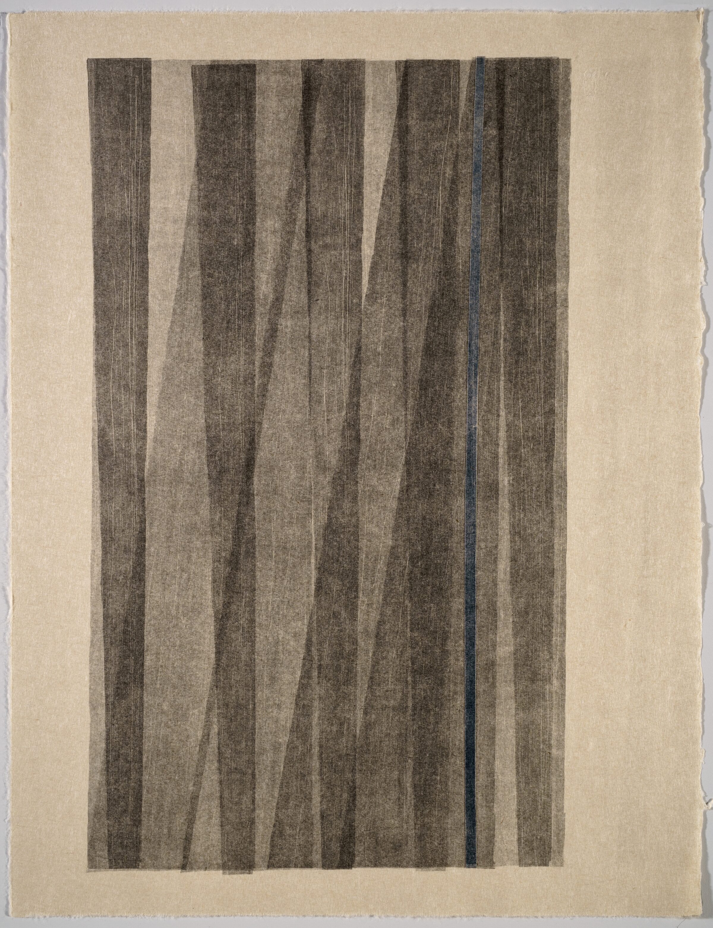 Five vertical panels of varying widths, rendered in dark charcoal and gray tones with fine linear marks, are arranged side by side against a cream-colored background. A single blue-gray line runs vertically through the composition, creating subtle visual rhythm across the textured, paper-like surface.
