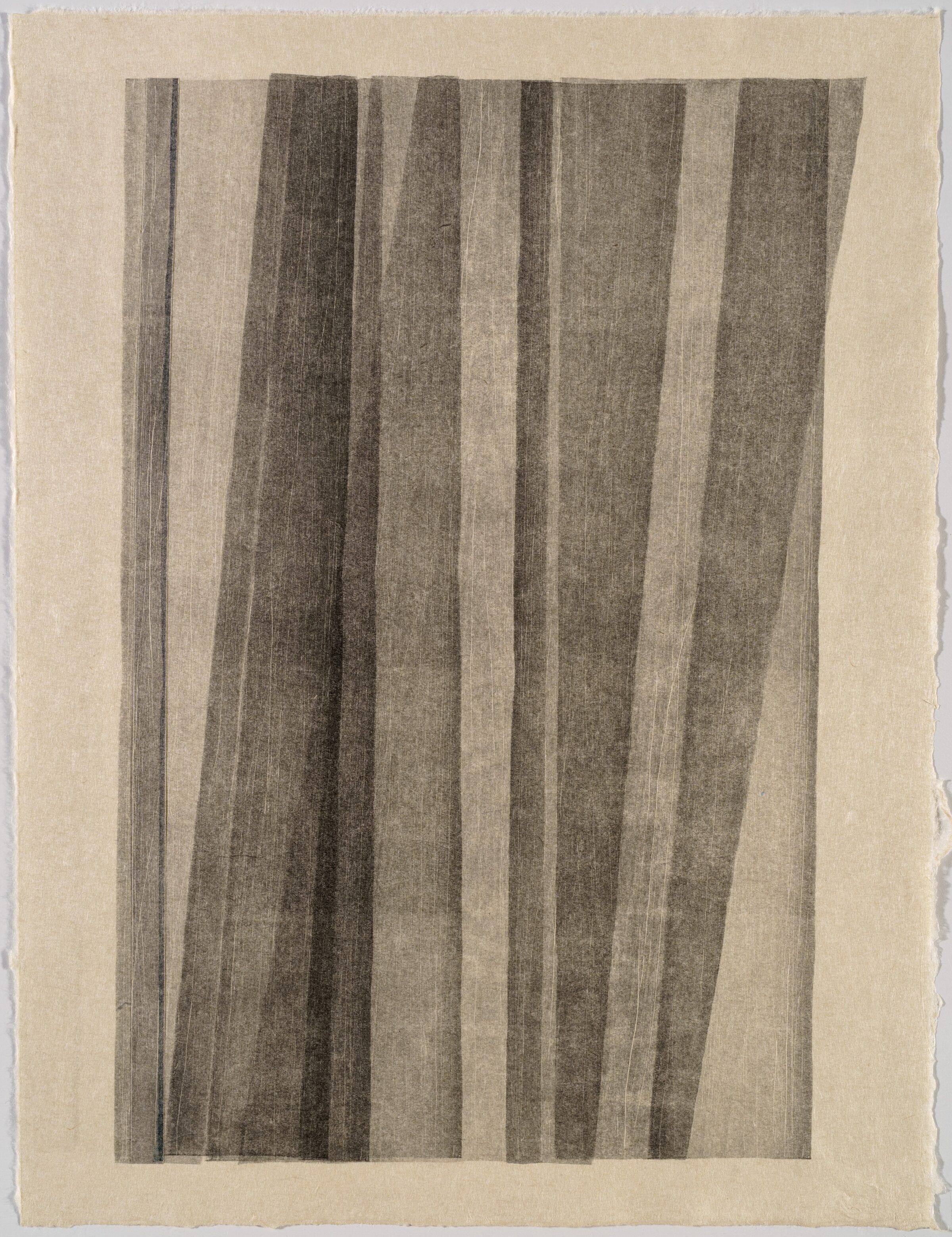 Vertical composition of alternating dark and light gray stripes of varying widths, creating a subtle undulating effect across the cream-colored paper surface. The parallel lines suggest movement and depth through gradual tonal shifts from charcoal to pale gray.