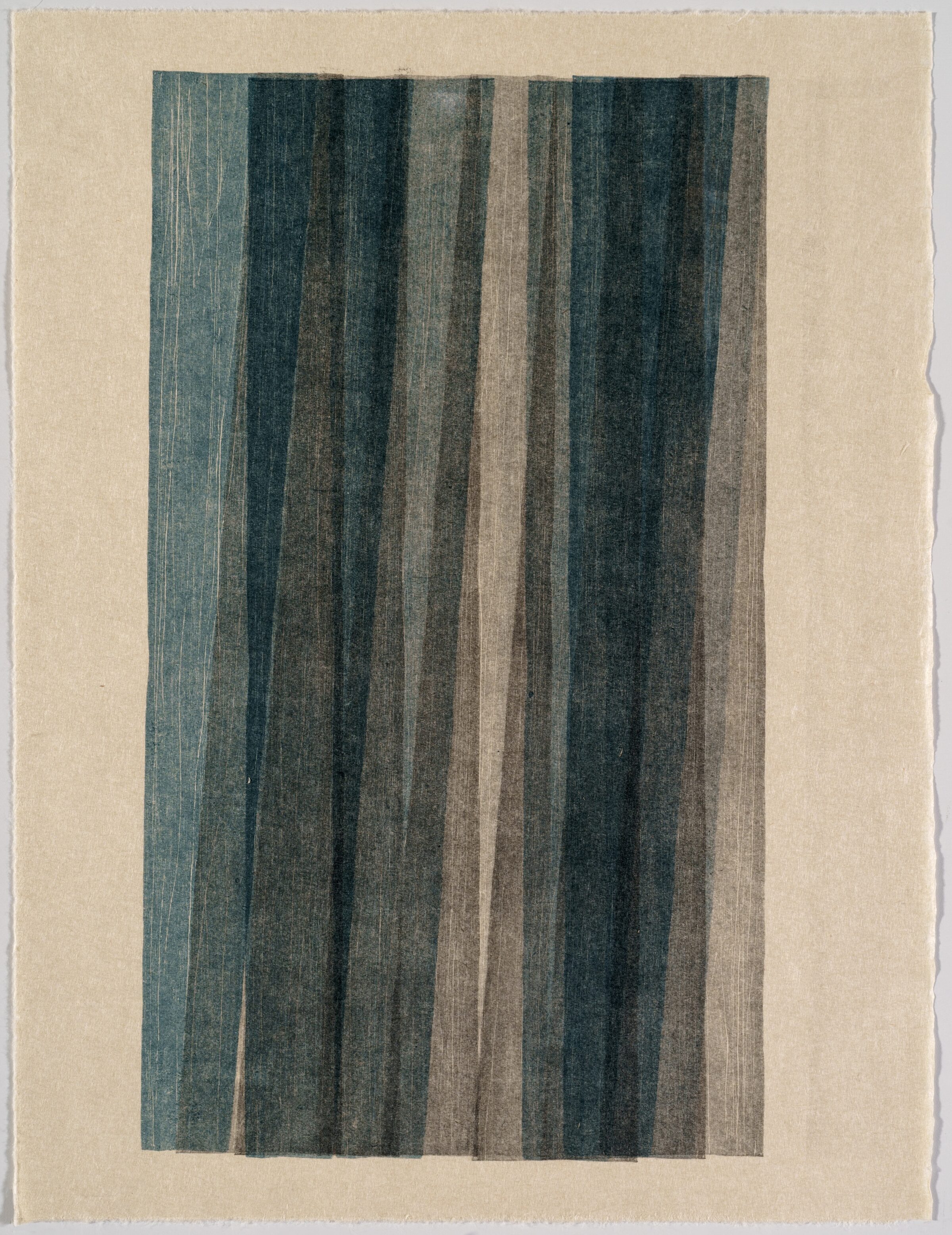 Vertical woodcut monoprint featuring parallel stripes in varying widths, alternating between deep teal, dark charcoal, and warm taupe tones on a cream-colored paper ground. Fine linear texturing throughout creates a subtle sense of movement within each stripe.