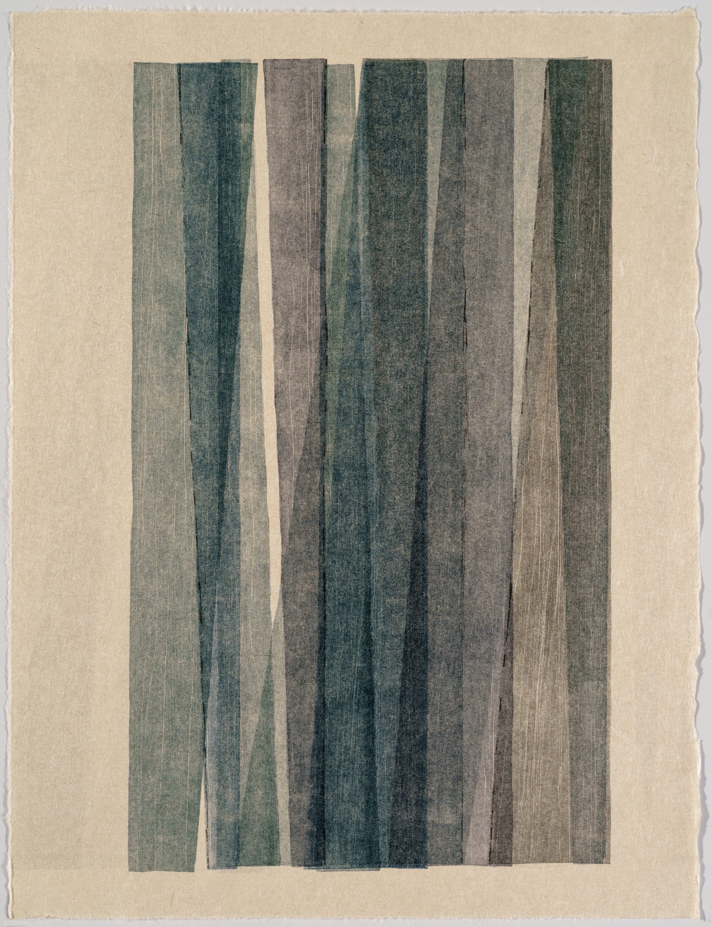 A woodcut monoprint featuring seven vertical rectangular strips in varying shades of teal, gray, and taupe on a cream-colored paper ground. The strips are separated by thin white lines and rendered with subtle texture and tonal gradations that suggest depth and movement.