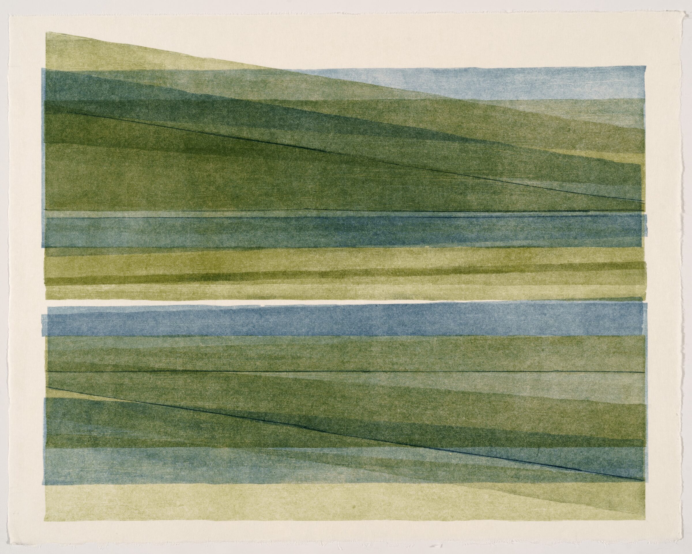 Horizontal composition of layered colored bands in greens, blues, and pale yellows, with diagonal lines creating a sense of movement and depth across the composition. The organic, textured quality of the paper is visible throughout the print.