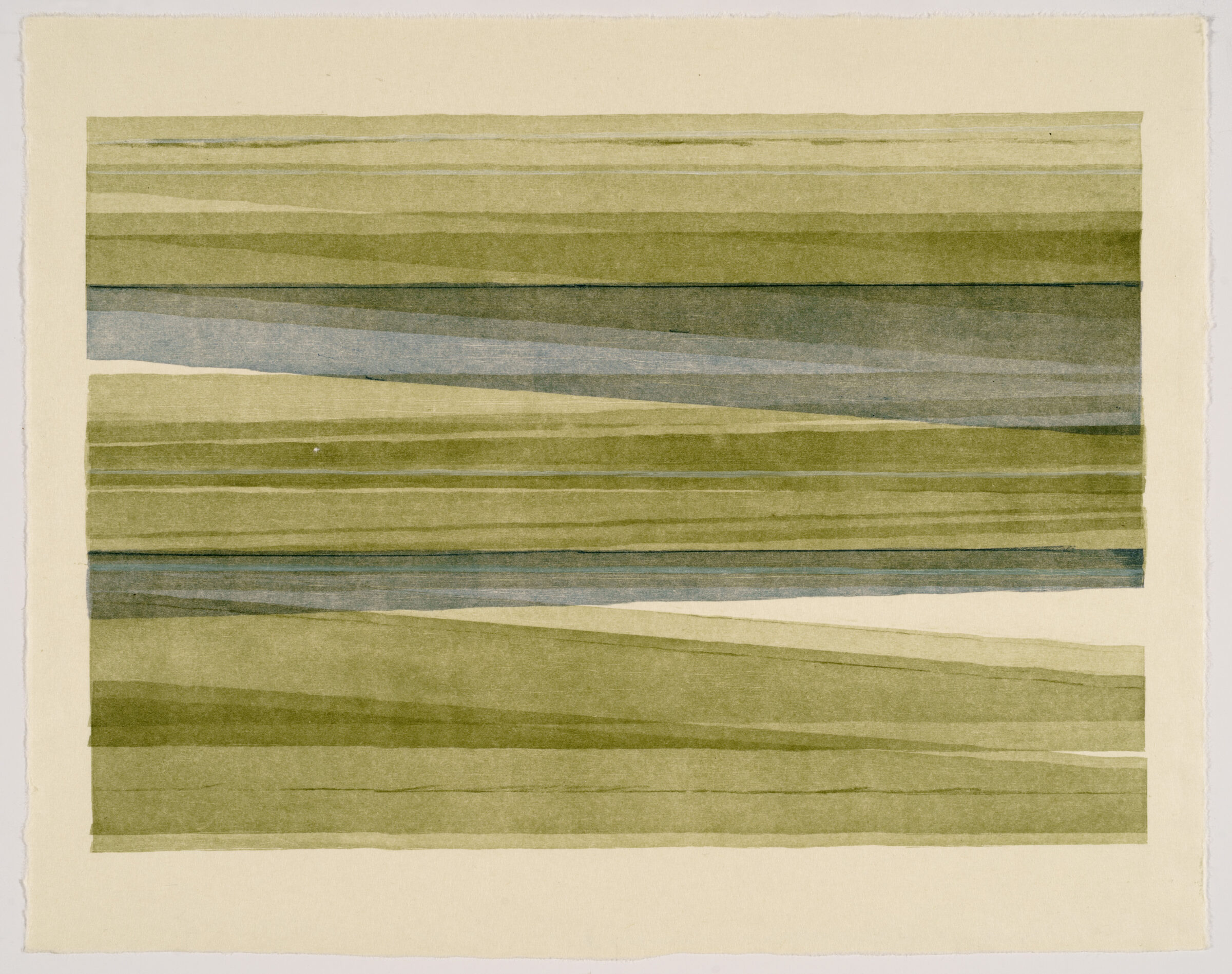 Horizontal bands of muted greens and grays with subtle texture and variation, divided by thin dark lines. A cream-colored diagonal shape cuts through the lower half of the composition, creating an asymmetrical geometric division against the layered, earthy tones.