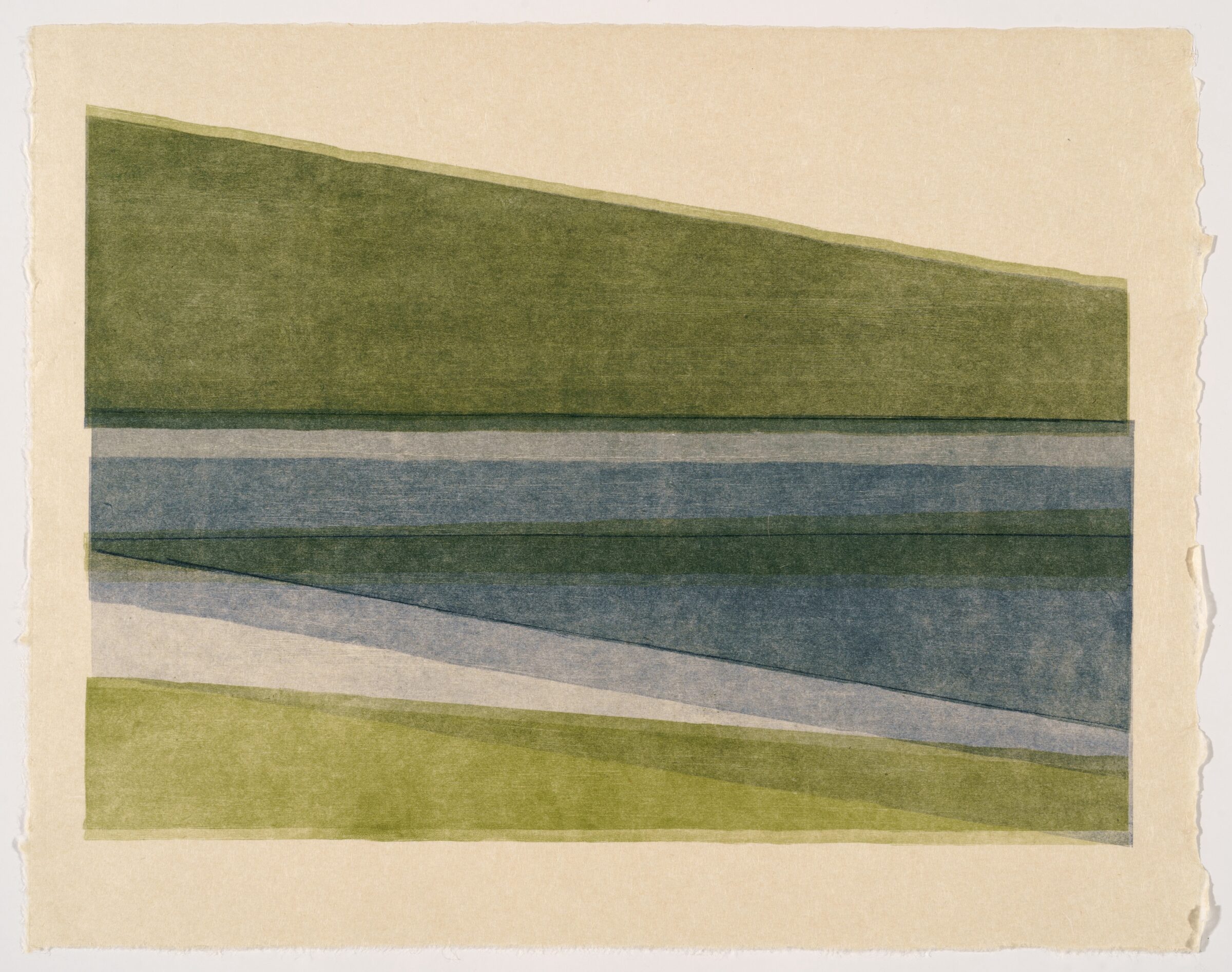 Horizontal bands of muted greens, blues, and grays create a layered landscape composition. The soft, textured surface suggests a woodcut monoprint technique, with subtle tonal variations and diagonal lines that suggest depth and movement across the composition.
