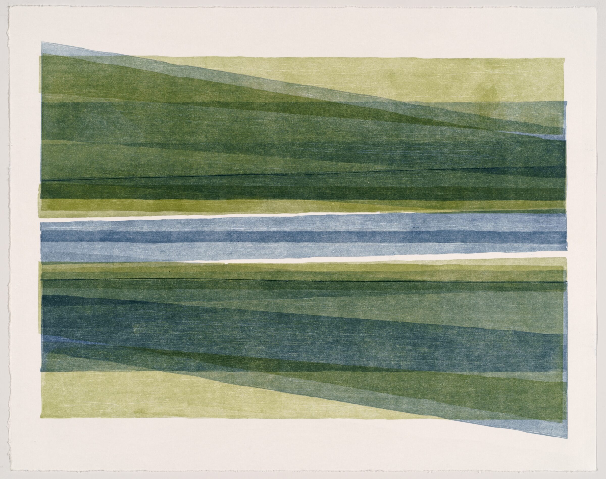 Abstract landscape composed of horizontal bands of overlapping colored strips in shades of green, blue, and yellow, with irregular diagonal edges creating a sense of depth and movement against a cream-colored background.