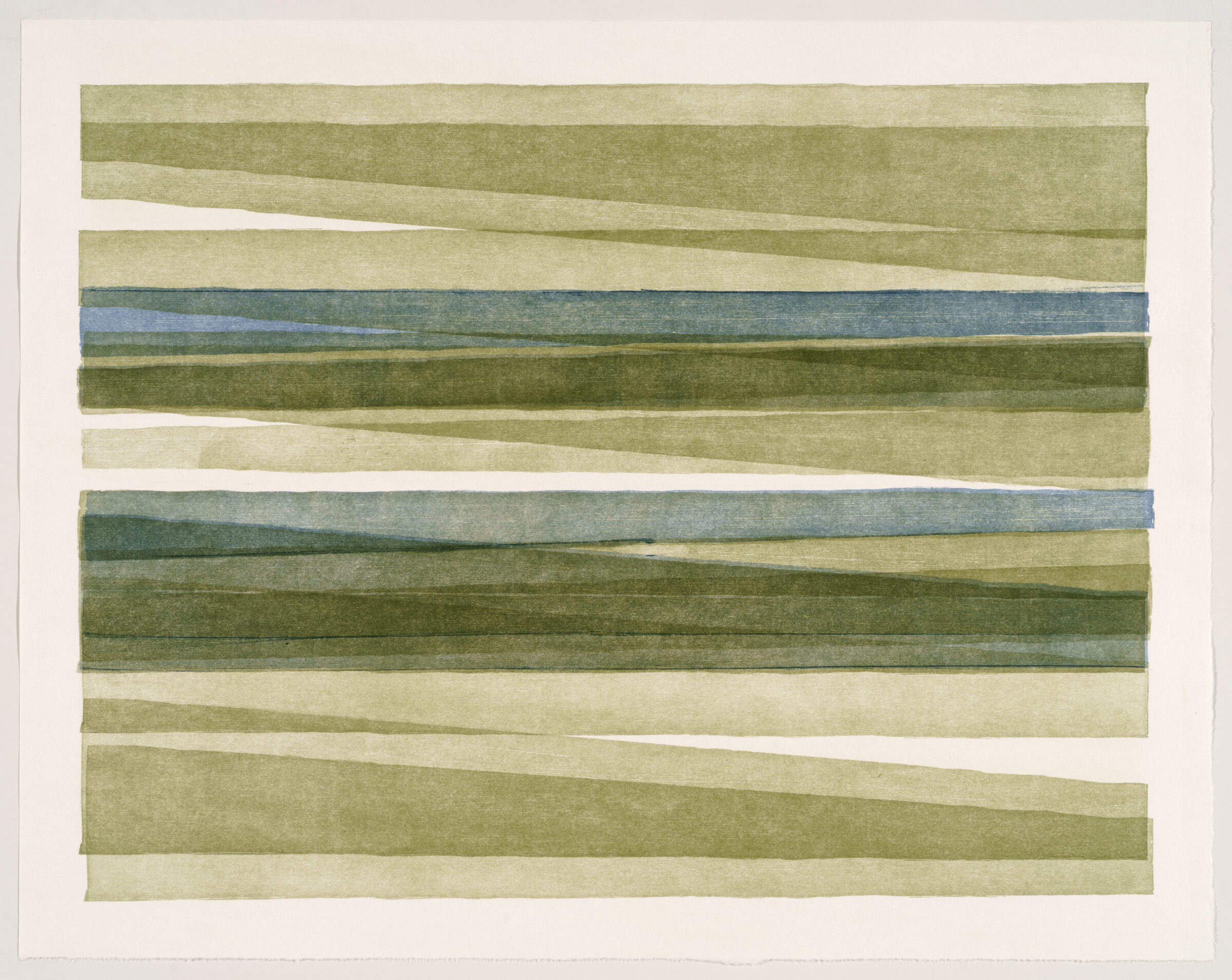 Horizontal composition of overlapping colored bands in shades of green, tan, and blue, creating a layered landscape-like effect with subtle shifts and white spaces between the strips.