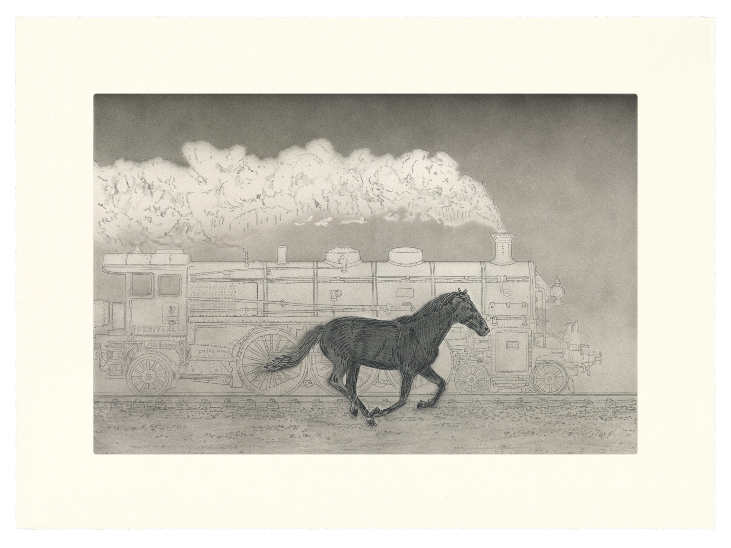 A detailed pencil and ink drawing depicting a galloping horse rendered in dark tones, positioned in front of an intricately sketched steam locomotive with billowing smoke cloud above. The composition creates a striking juxtaposition between the organic form of the animal and the mechanical precision of the industrial machine against a muted, textured ground.