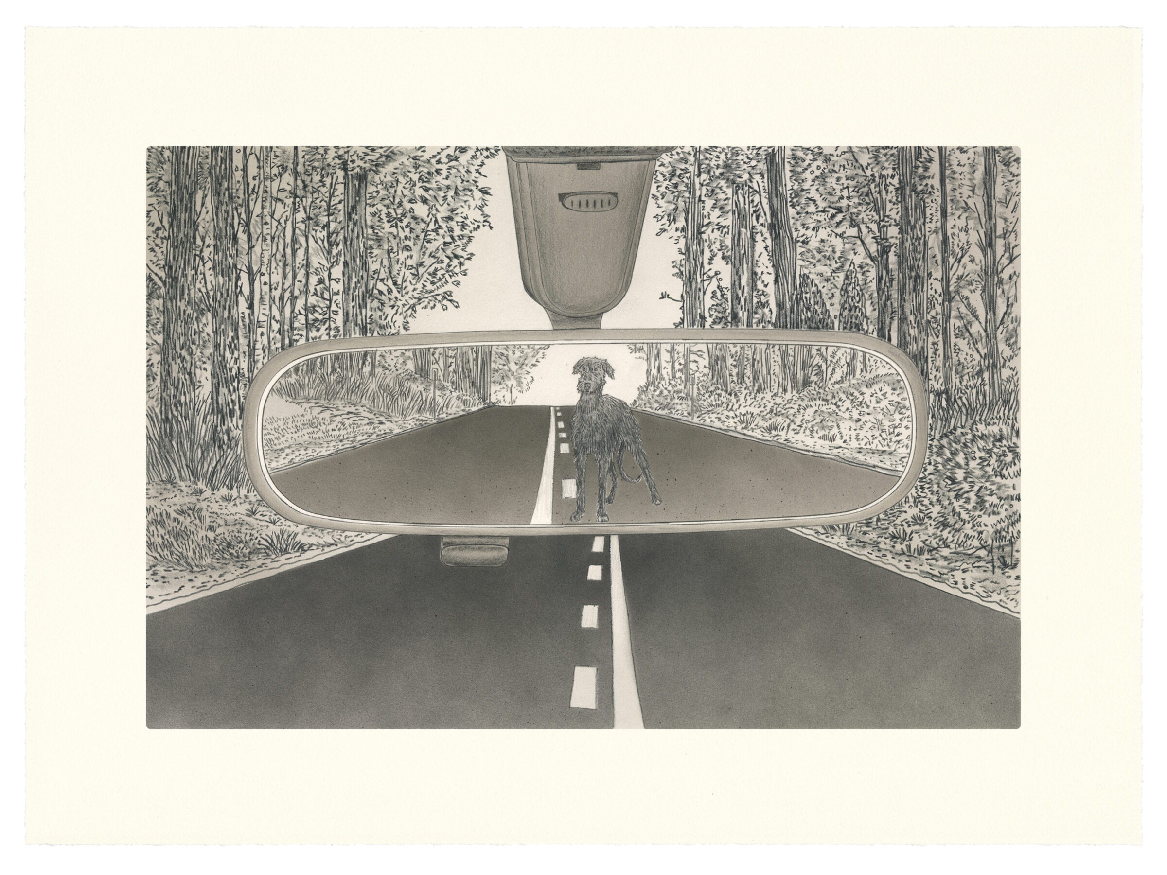 A black and white drawing depicting a view from inside a car on a forest road. Through the windshield and rearview mirror, a solitary dog stands on the center line of the receding road, surrounded by dense woodland. A hanging air freshener hangs from the rearview mirror above.