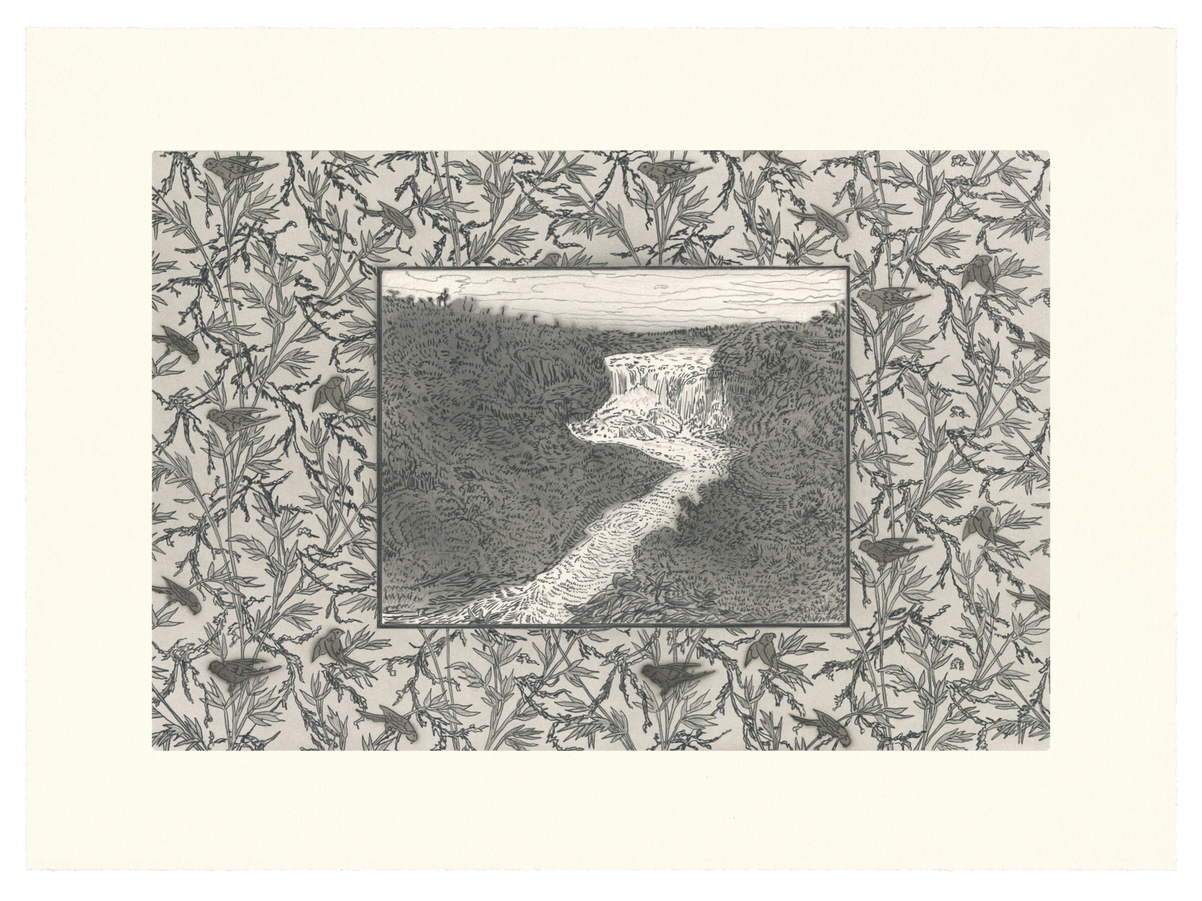 A framed landscape depicts a cascading waterfall flowing through a forested valley, rendered in detailed black ink line work. The central scene is surrounded by an ornamental border of delicate botanical foliage in a repeating pattern.
