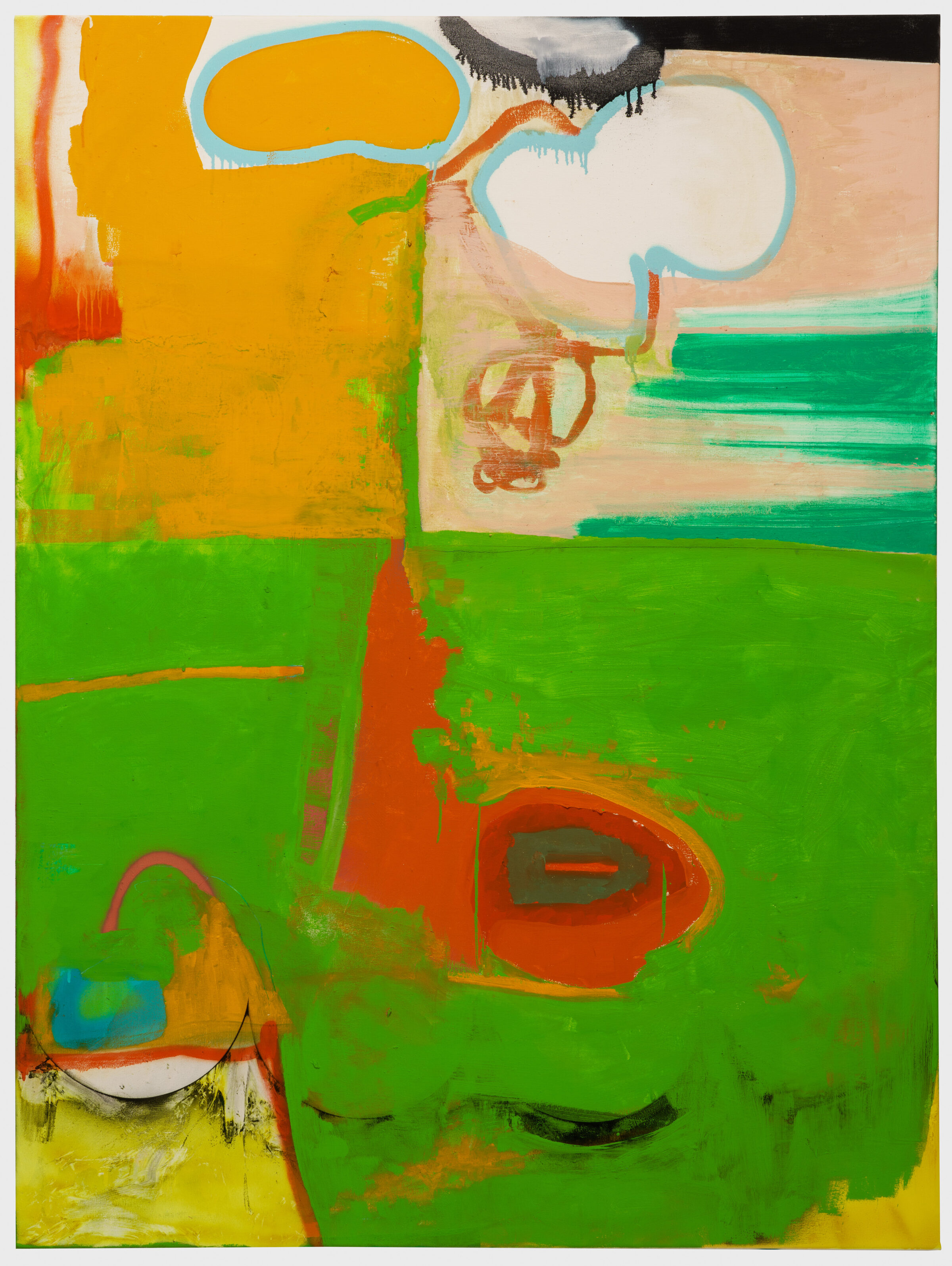 Abstract painting in vibrant colors—bright green, orange, yellow, and red—featuring gestural brushstrokes, organic shapes, and outlined circular forms in light blue. The composition combines loose, expressive mark-making with bold color blocks and includes sketched linear elements and eye-like circular motifs scattered across the canvas.