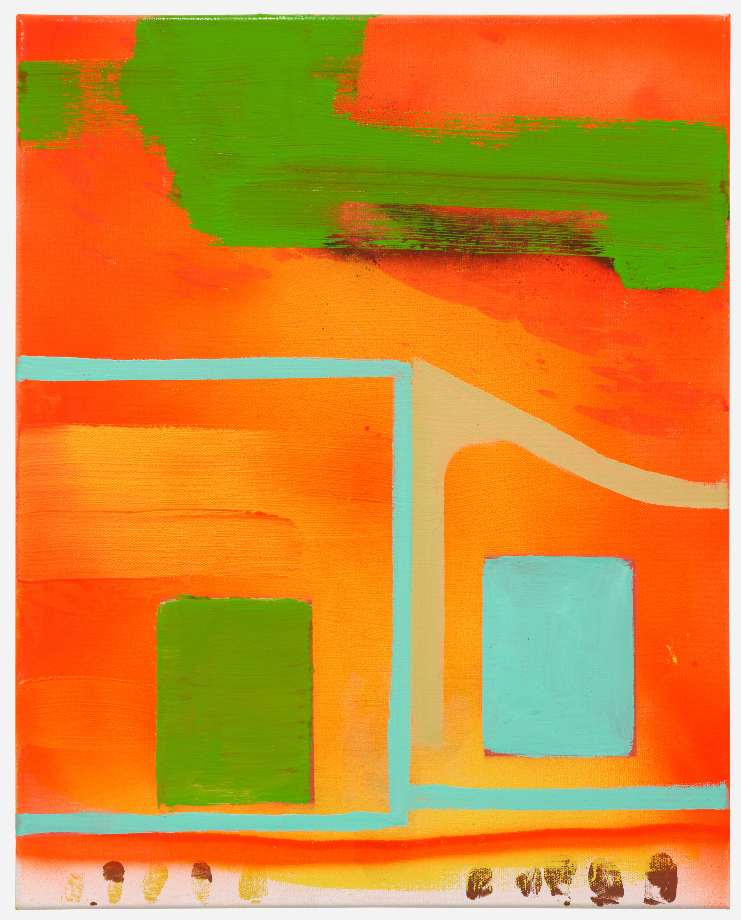 Abstract composition featuring bold geometric shapes in vibrant orange, green, and turquoise against warm background tones. Rectangular forms and horizontal bands create a structured yet gestural composition, with visible brushwork and paint application throughout the canvas.