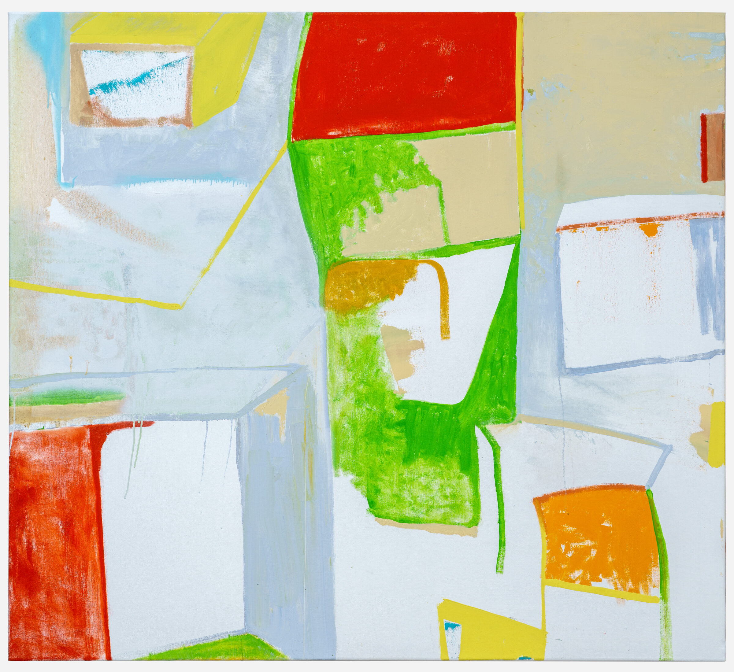 Abstract composition featuring overlapping geometric shapes and rectangles in vibrant colors including red, green, yellow, orange, and blue, with a predominantly white background. The work employs gestural brushstrokes and layered paint application, creating a dynamic interplay between bold color blocks and softer, textured passages.