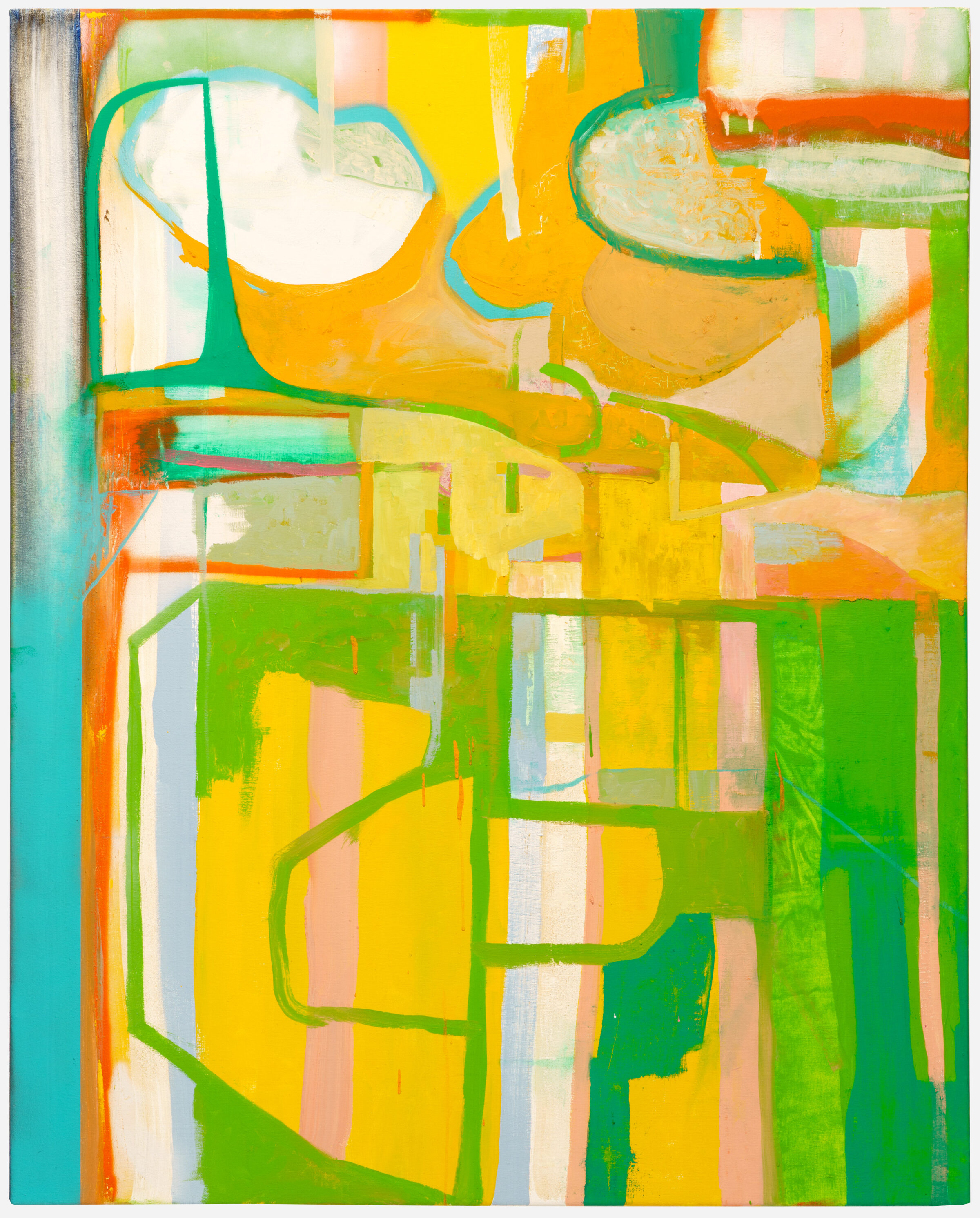 Abstract composition in vibrant yellows, greens, and oranges with geometric forms and curved lines layered across the canvas. Interlocking rectangular shapes and circular elements create a dynamic, playful arrangement suggesting architectural or botanical motifs, rendered in bold, contrasting colors against cream and white passages.