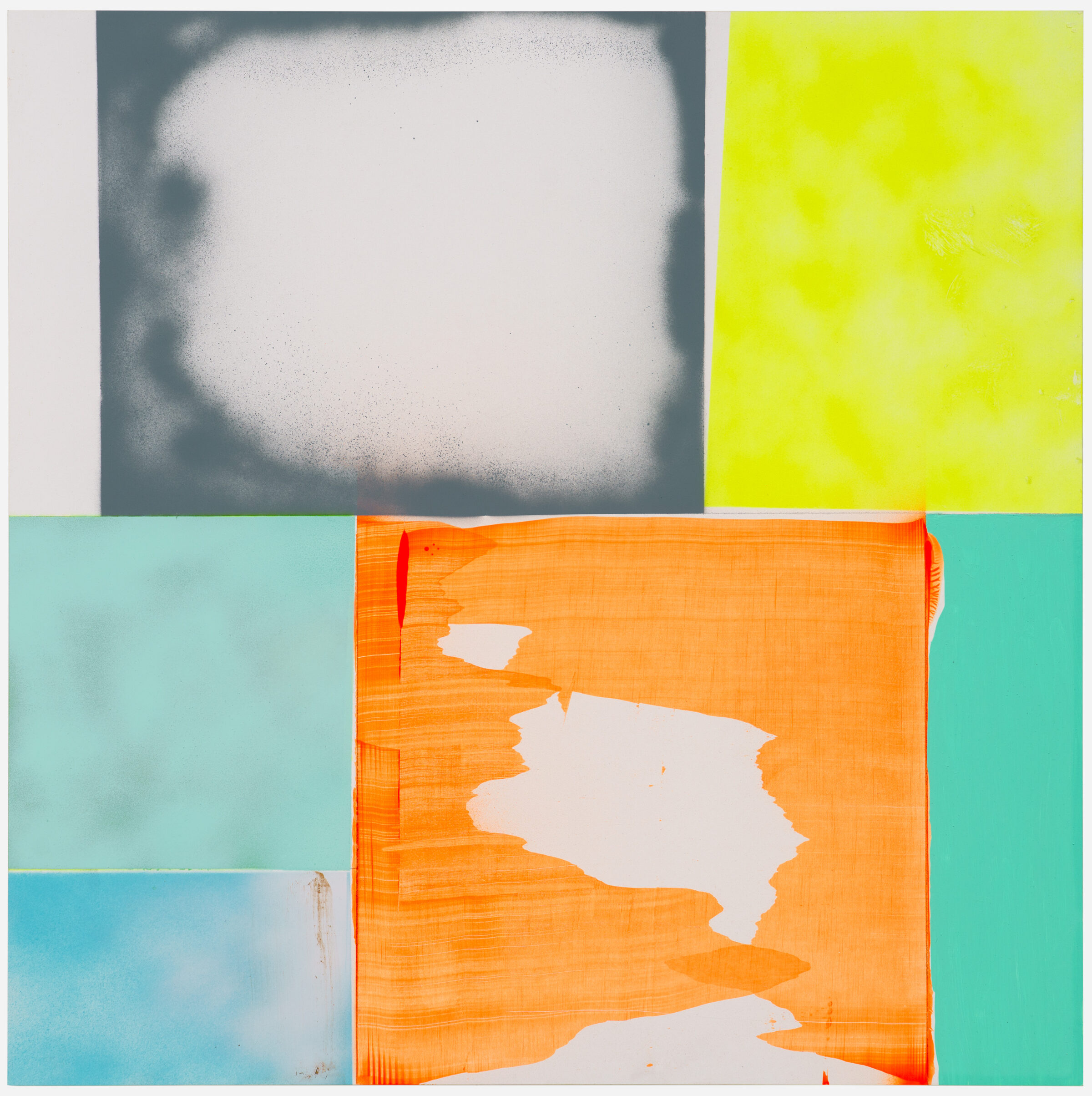 A four-panel abstract composition in vibrant colors: the upper left features a dark teal border framing a cream-colored center with soft edges; the upper right is a bright yellow-green field; the lower left transitions from light turquoise to pale blue; the lower right displays a bold orange panel with white irregular shapes suggesting a fragmented landscape or map form. The varied surfaces show visible brushwork and layering, with areas of translucency and opacity creating depth across the divided composition.