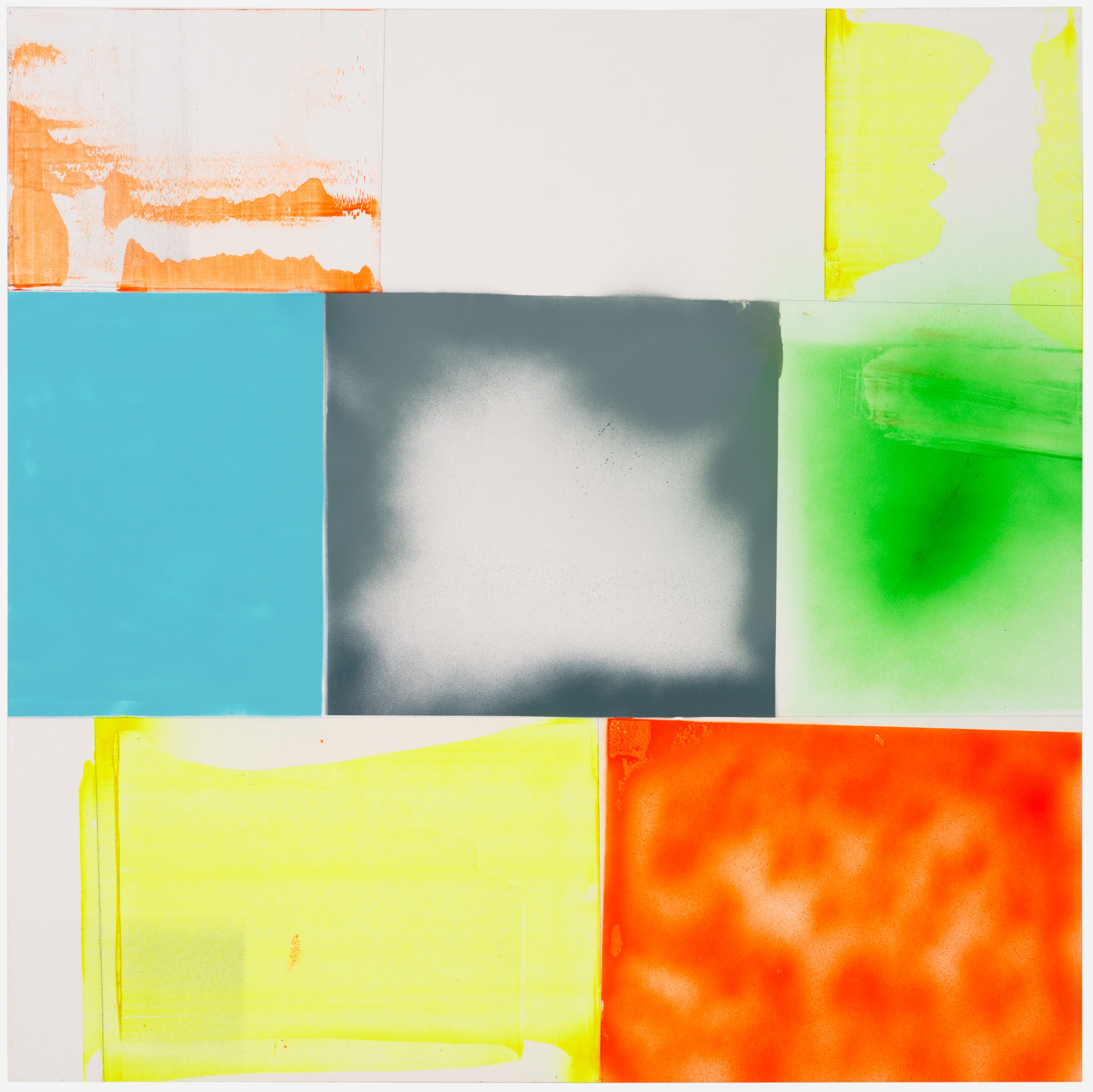 A grid of six colored panels in vibrant hues—cyan, bright yellow-green, orange, and gray—with layered translucent washes and gestural marks creating atmospheric depth. The composition combines flat color fields with textured, diffused areas that suggest movement and spontaneity across the modular arrangement.
