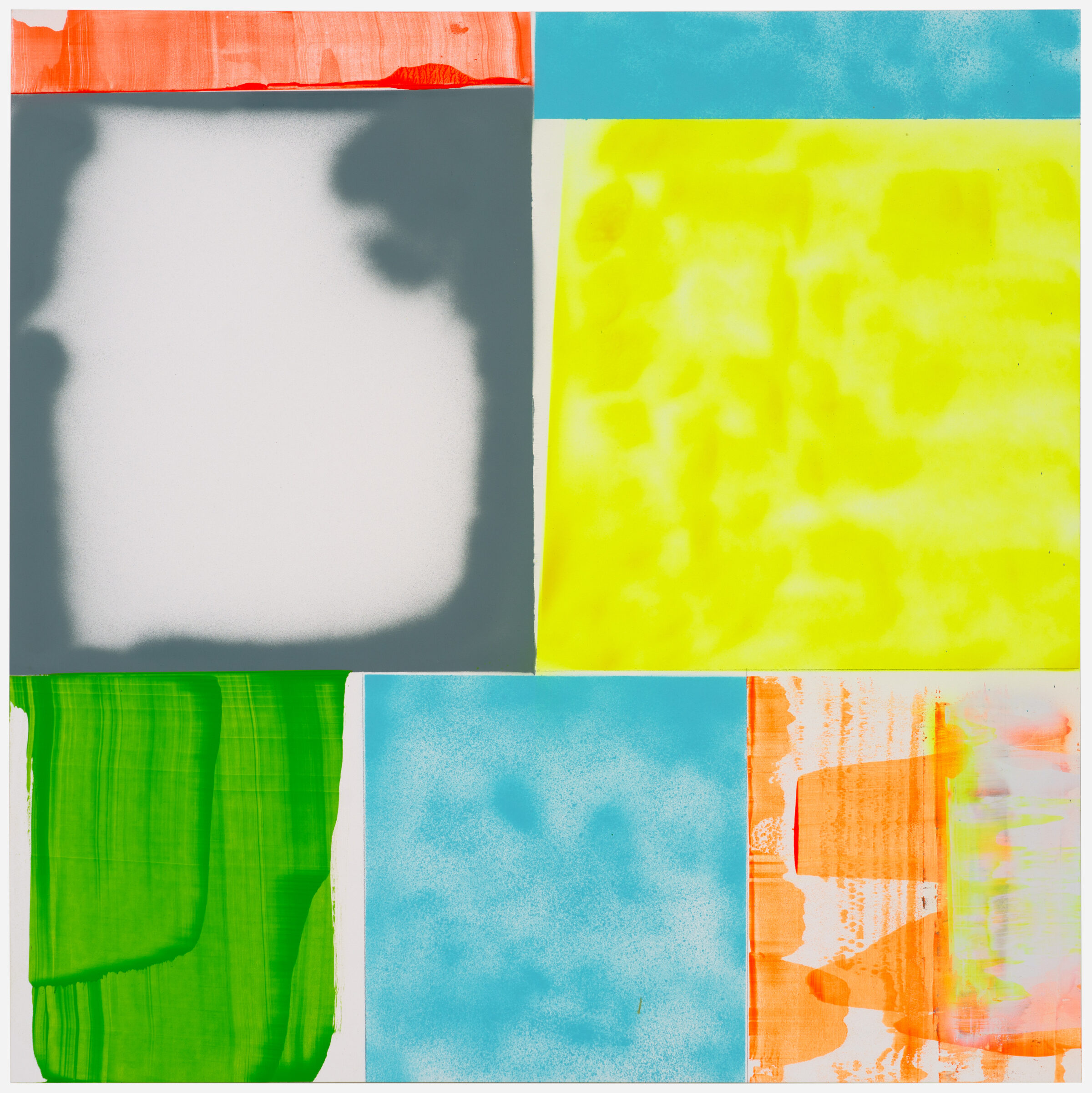 Abstract composition divided into six colored panels arranged in a grid. Upper left features a gray panel with white cloudy form and orange stripe at top. Upper right shows bright yellow-green with subtle circular patterns. Lower left displays vibrant green with curved linear marks. Center bottom is soft turquoise with cloud-like texture. Lower right combines orange and cream tones with gestural marks and color bleeds. Bold, contrasting hues create dynamic visual rhythm across the work.