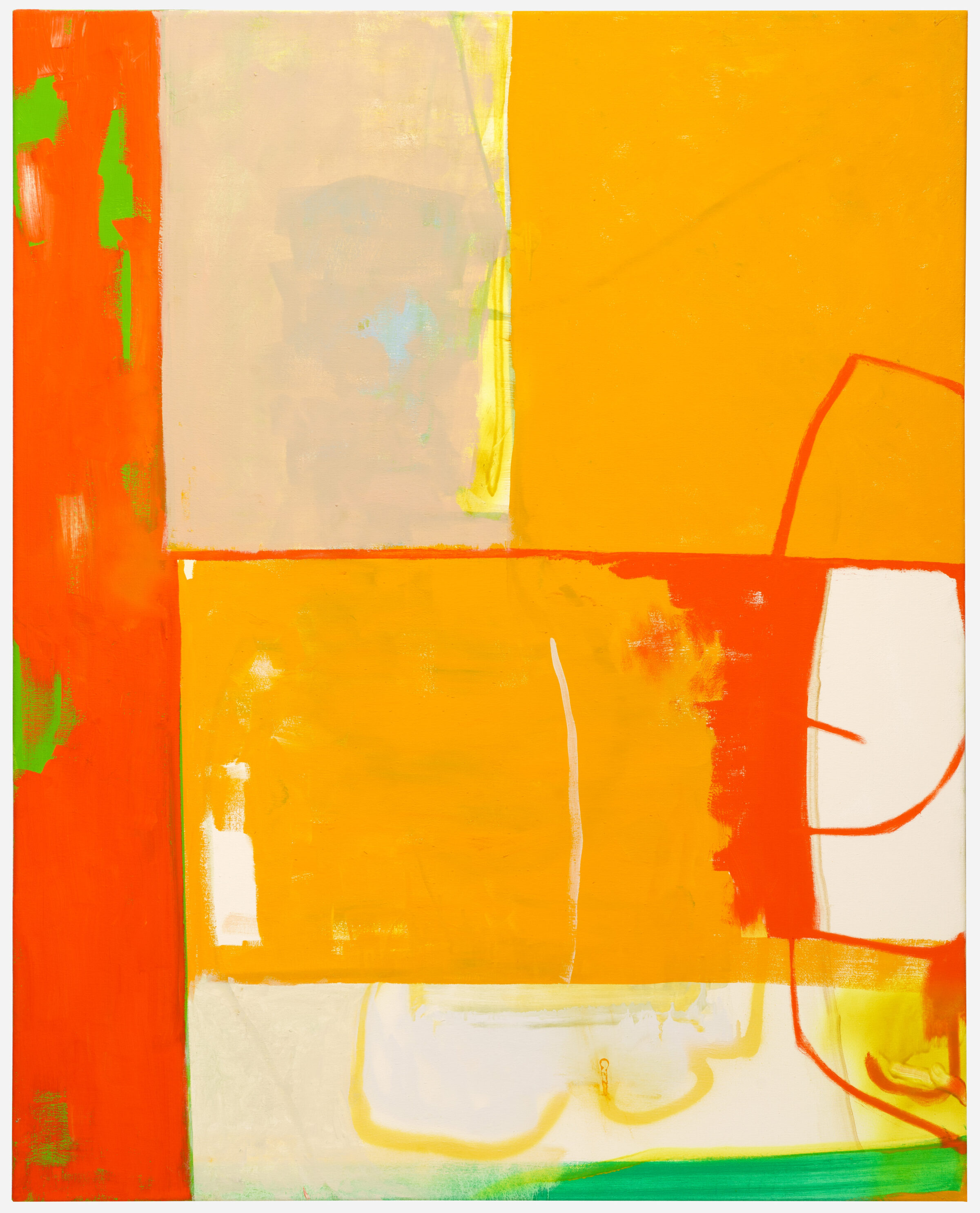Abstract composition in vibrant reds, oranges, and yellows with geometric shapes and overlapping planes. Gestural green marks and white passages create visual tension against the warm color fields, with thin linear elements and irregular boundaries suggesting movement and layered depth.