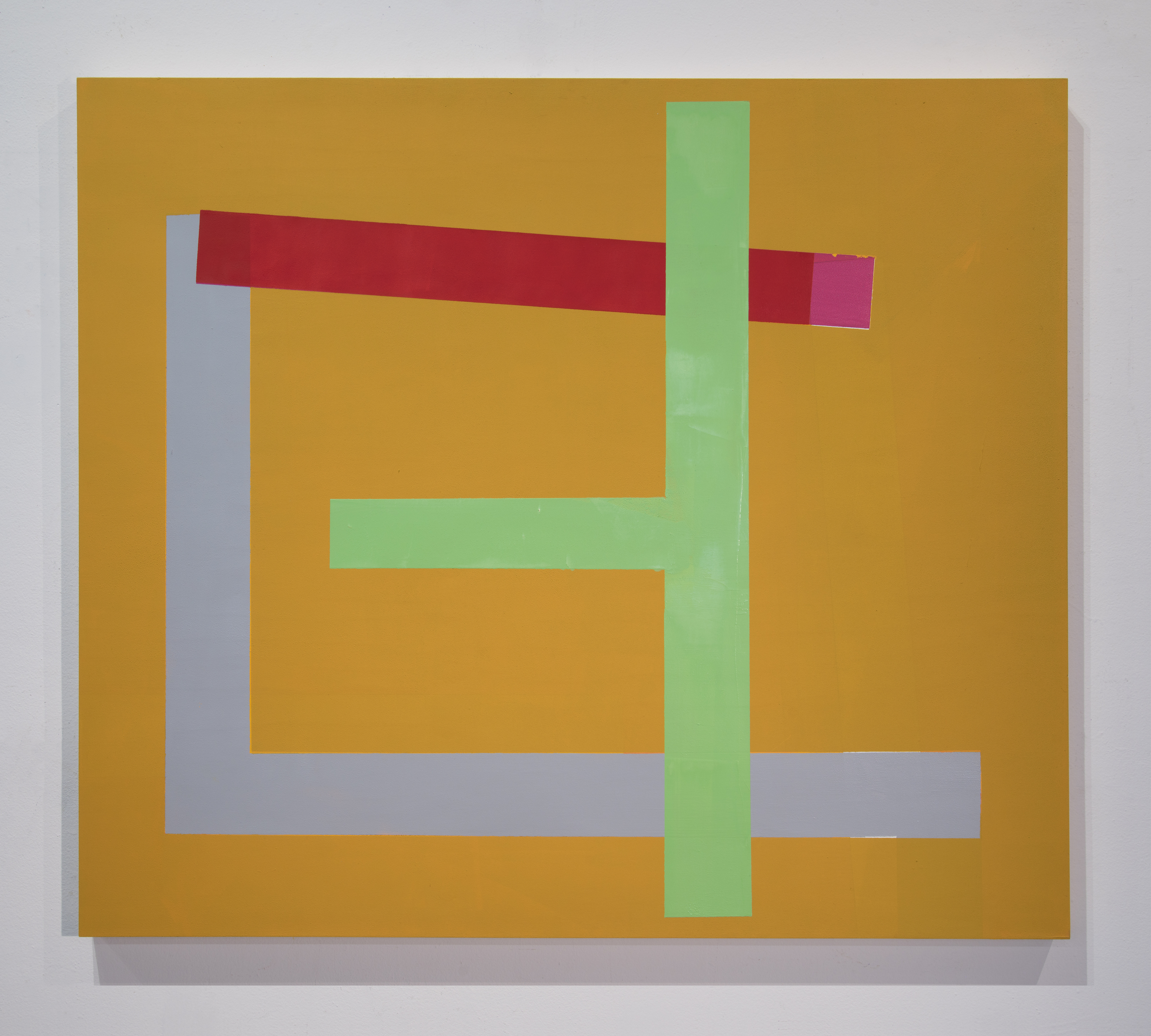 Geometric abstract composition on a mustard-gold background featuring a vertical green cross intersected by horizontal bands in red, gray, and mauve tones, creating a layered, interlocking arrangement of rectangular forms.