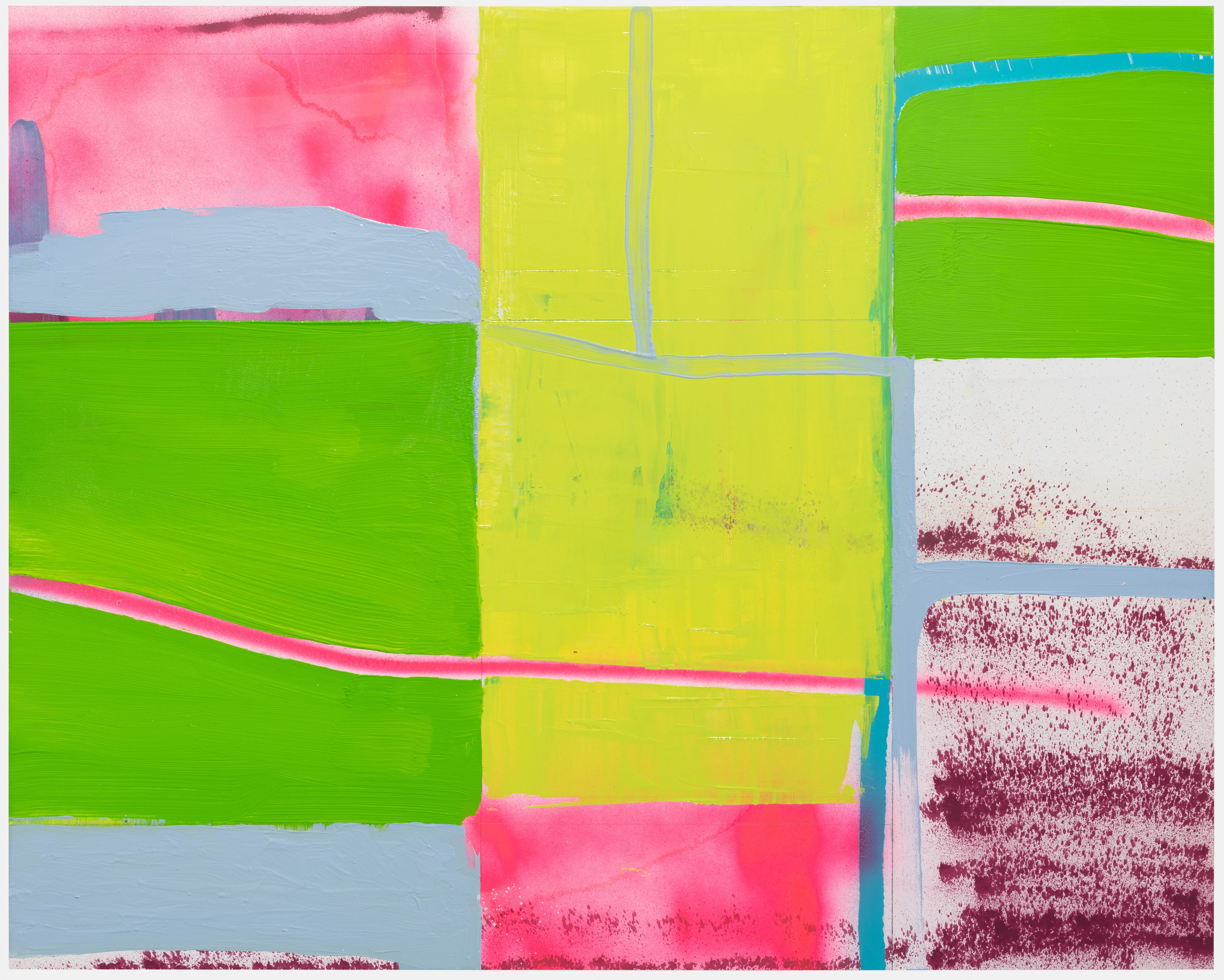 Abstract composition with bold geometric shapes in vibrant neon green, bright yellow, hot pink, and pale blue, divided by gray lines and accented with textured maroon and white areas. Horizontal and vertical forms create a dynamic grid-like structure across the canvas.