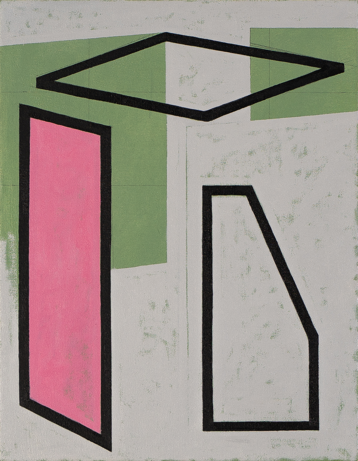Geometric abstraction depicting an isometric box rendered with bold black outlines against a textured beige background. The composition features a bright pink rectangular plane on the left side, a green horizontal band at the top, and white interior surfaces, creating a three-dimensional architectural form in a minimalist style.
