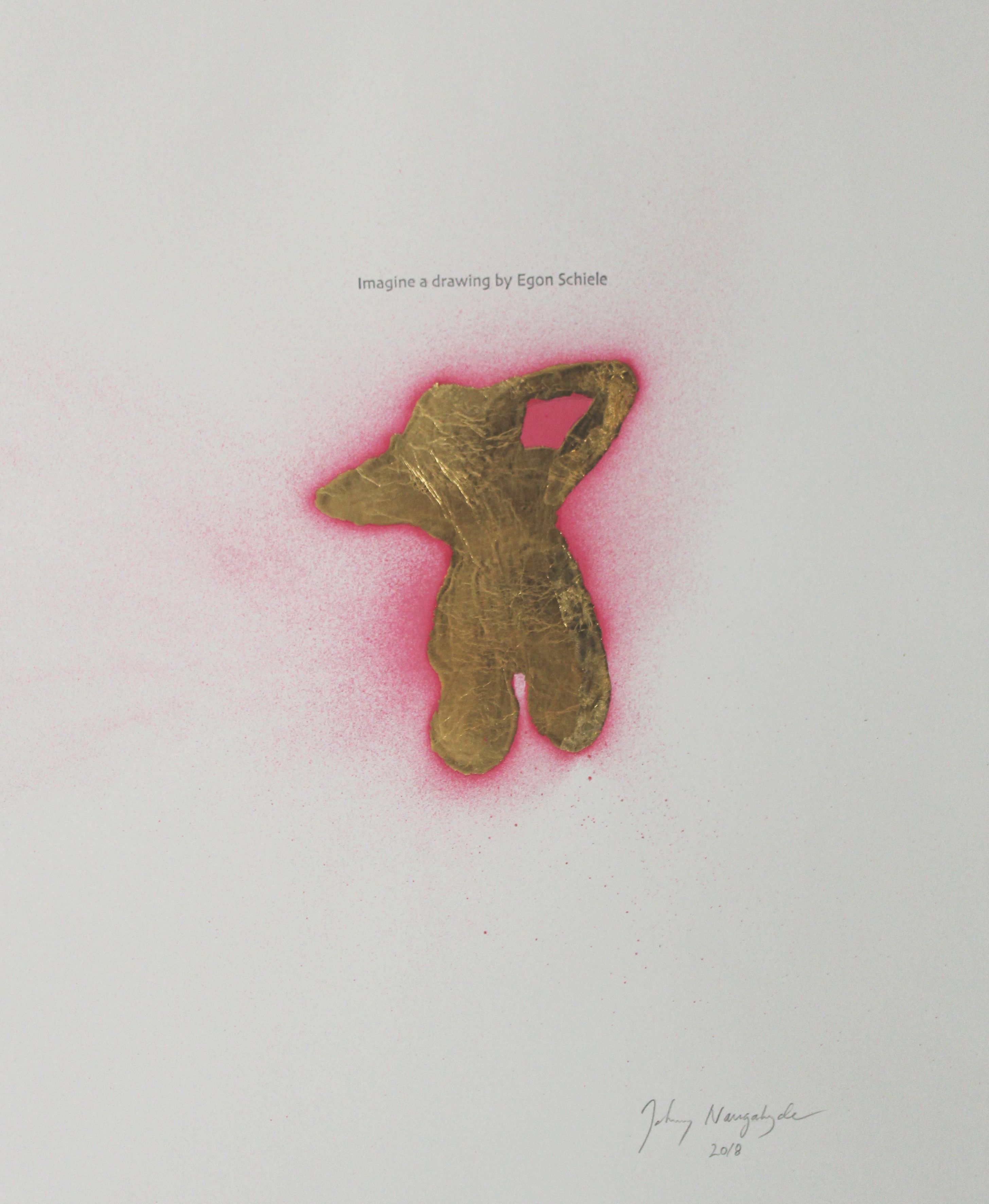 A stylized golden-brown figure with textured surface detail set against a soft pink spray-painted halo on cream paper. The abstracted form suggests a crouching or contorted human body with simplified features, creating an expressionistic composition that balances organic irregularity with geometric containment.