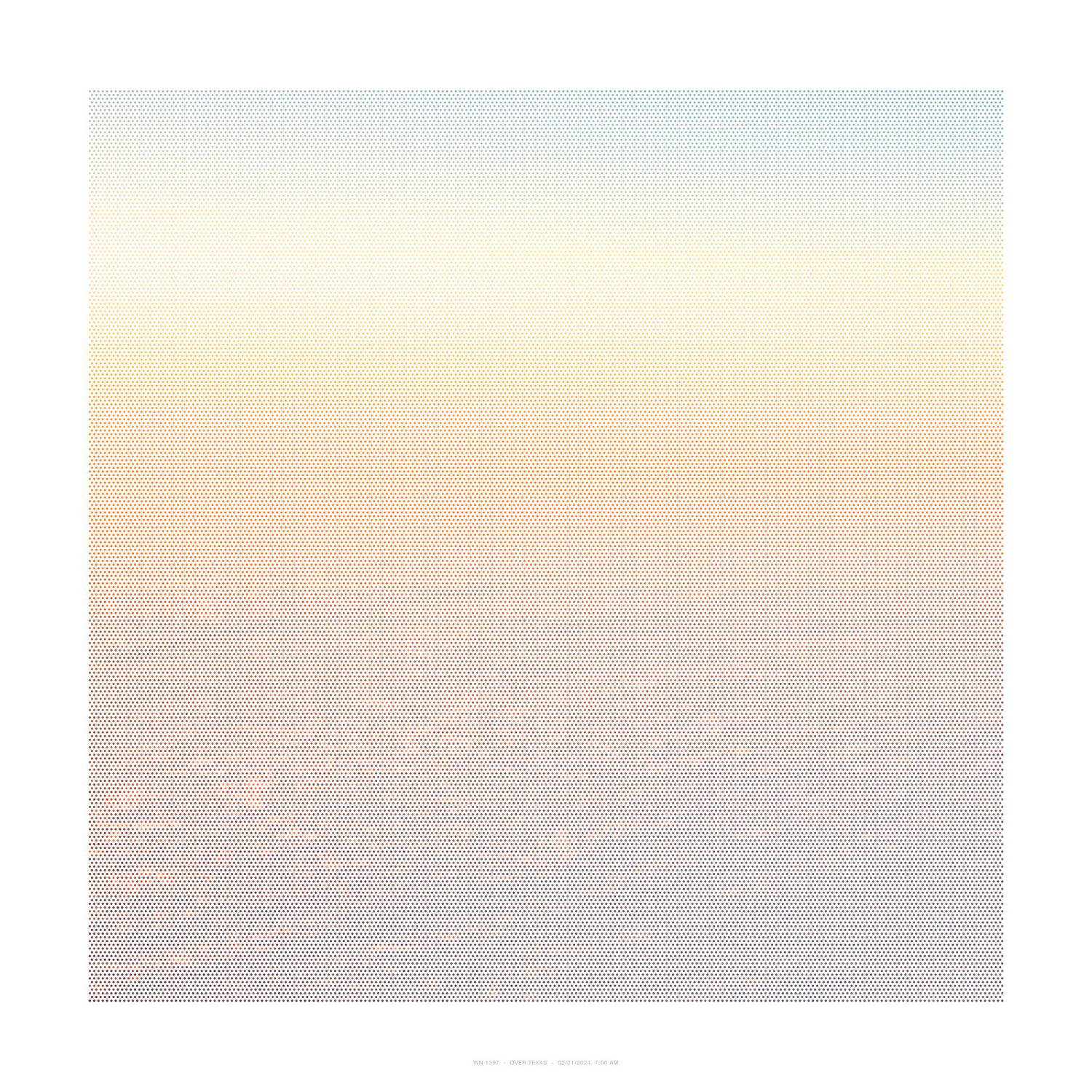 A gradient composition rendered in a dense dot matrix pattern, transitioning from cool gray tones at the top through warm cream and pale yellow in the middle section, to peachy-pink and mauve tones toward the bottom. The systematic pointillist technique creates a soft, atmospheric effect across the square format.