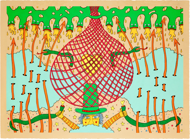 A whimsical illustration rendered in bright gouache shows a large red and yellow hot air balloon descending over a landscape of bare trees and sandy ground. The composition features a cheerful figure in a blue hat at the balloon's base, surrounded by wooden poles and small stars scattered across a soft blue and tan palette.