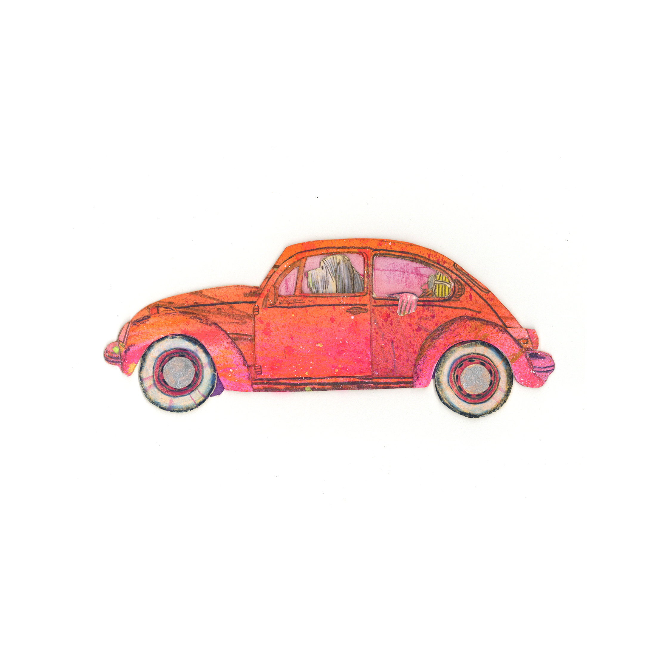 A vibrant red and orange Volkswagen Beetle rendered in colored pencil and watercolor, shown in profile against a white background. The vintage car features detailed windows with a figure visible inside, realistic tire treads, and a textured surface suggesting mixed media collage techniques.