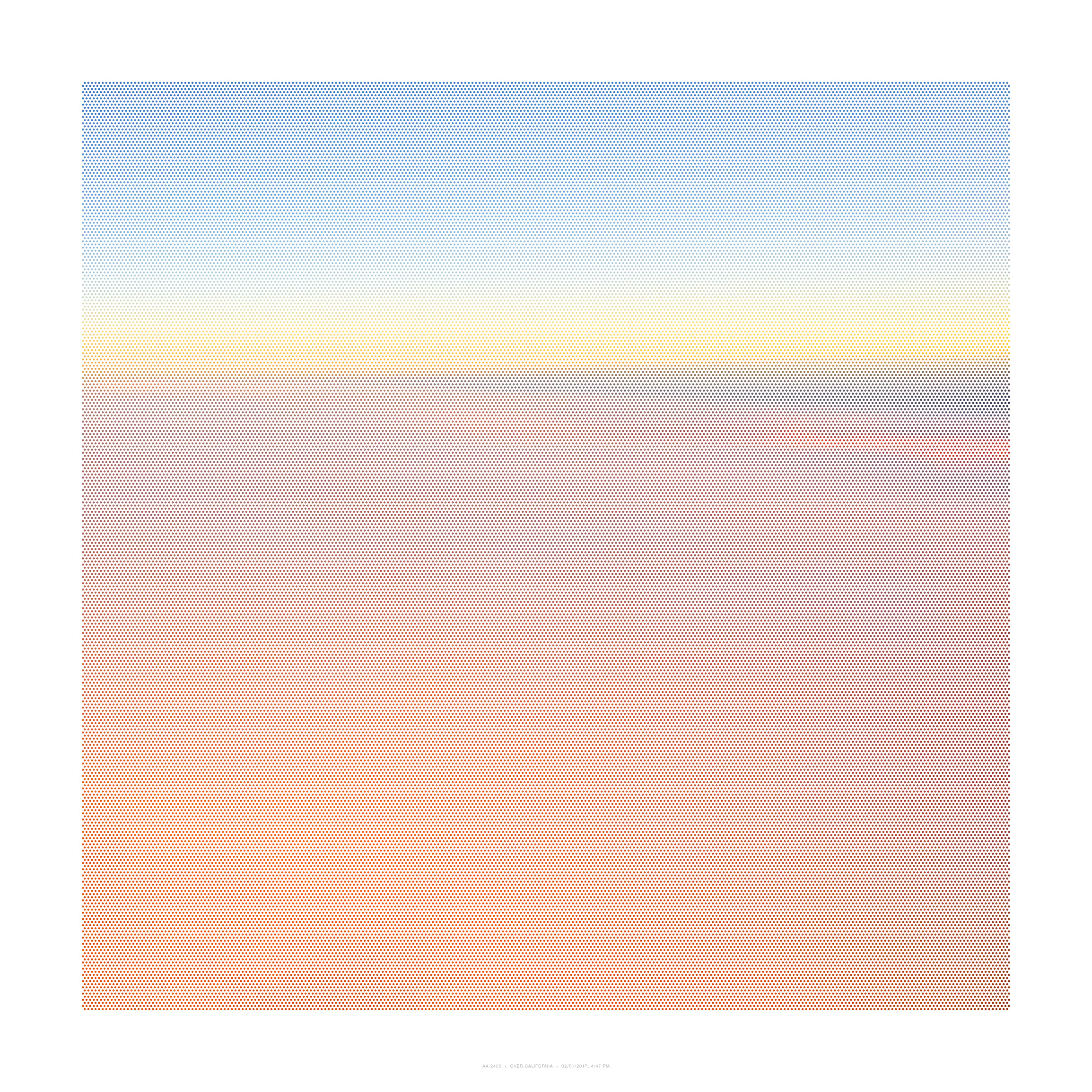 A horizontal gradient composition rendered in fine dotted texture, transitioning from blue at the top through pale yellow in the center to warm peachy-pink tones at the bottom, creating a soft, atmospheric effect across the entire surface.