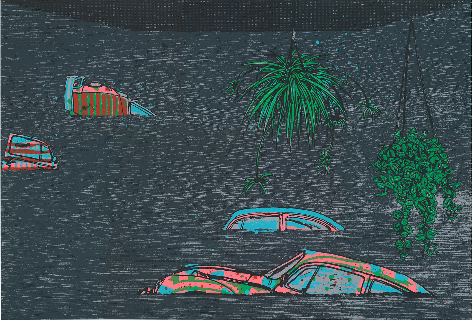 A textured dark gray wall features vibrant neon-colored illustrations in cyan, coral pink, and lime green. Scattered across the composition are stylized depictions of partially submerged or abandoned cars rendered in bold strokes, alongside hanging potted plants and vines, creating a surreal scene that merges urban decay with organic growth. The layered, scratched surface texture of the work gives it a weathered, street-art quality.